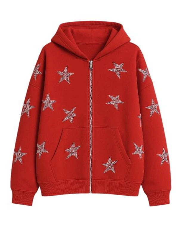 Star Oversize Premium Zipp Hoodie - Kırmızı