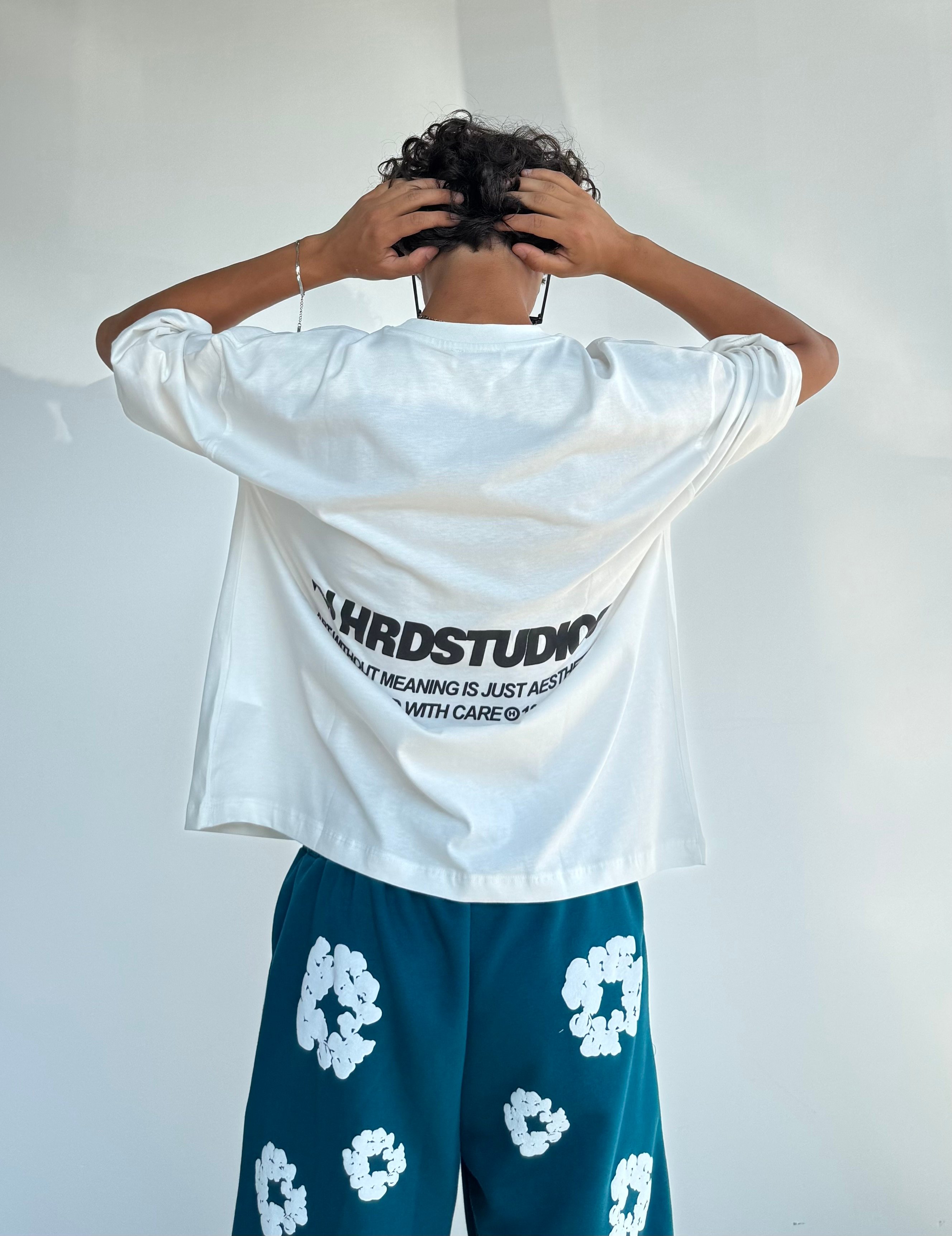 HS Baskılı Crop Boy Oversize Tişört - Beyaz
