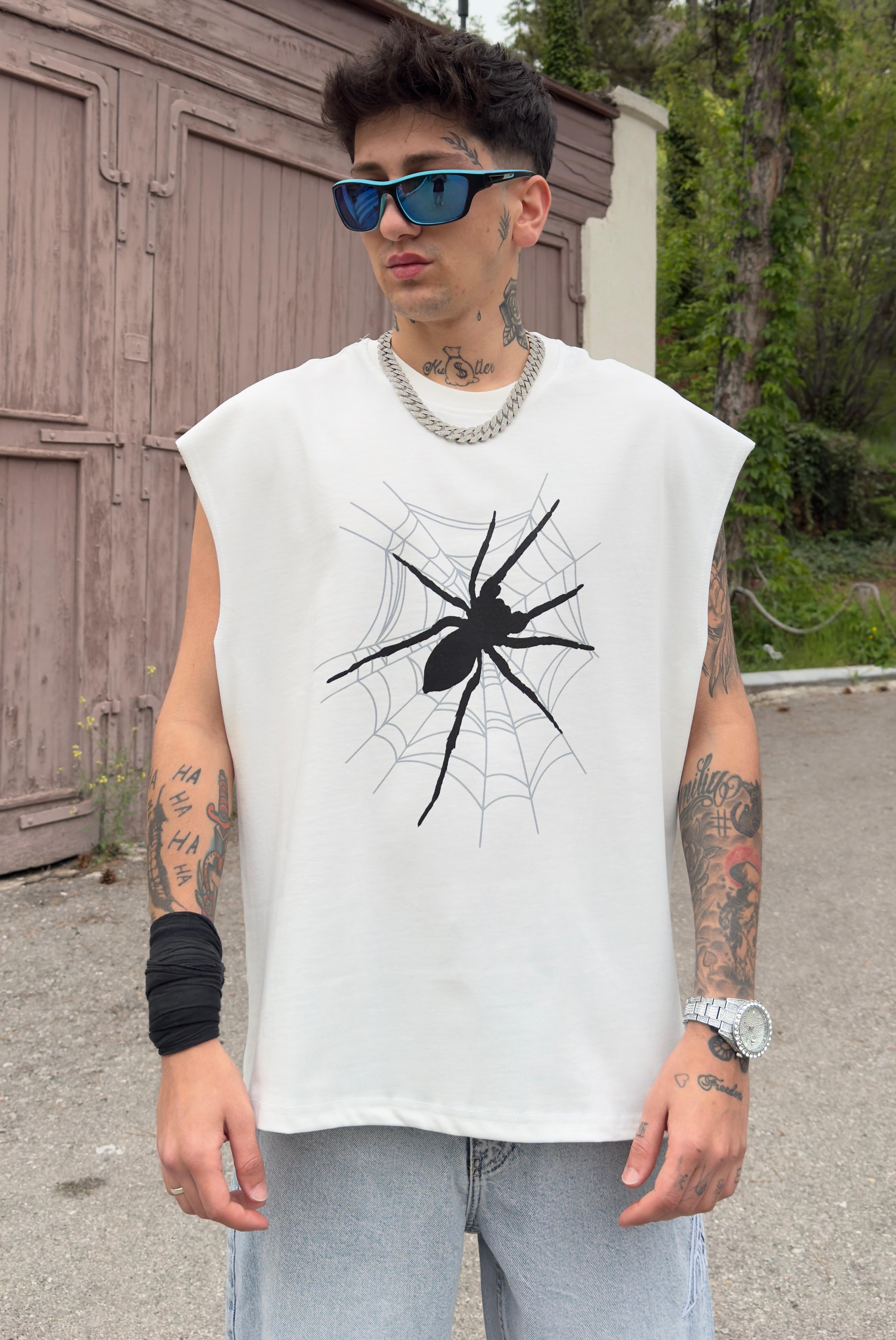 Spider Baskılı Sıfır Kol Oversize Tişört - Beyaz