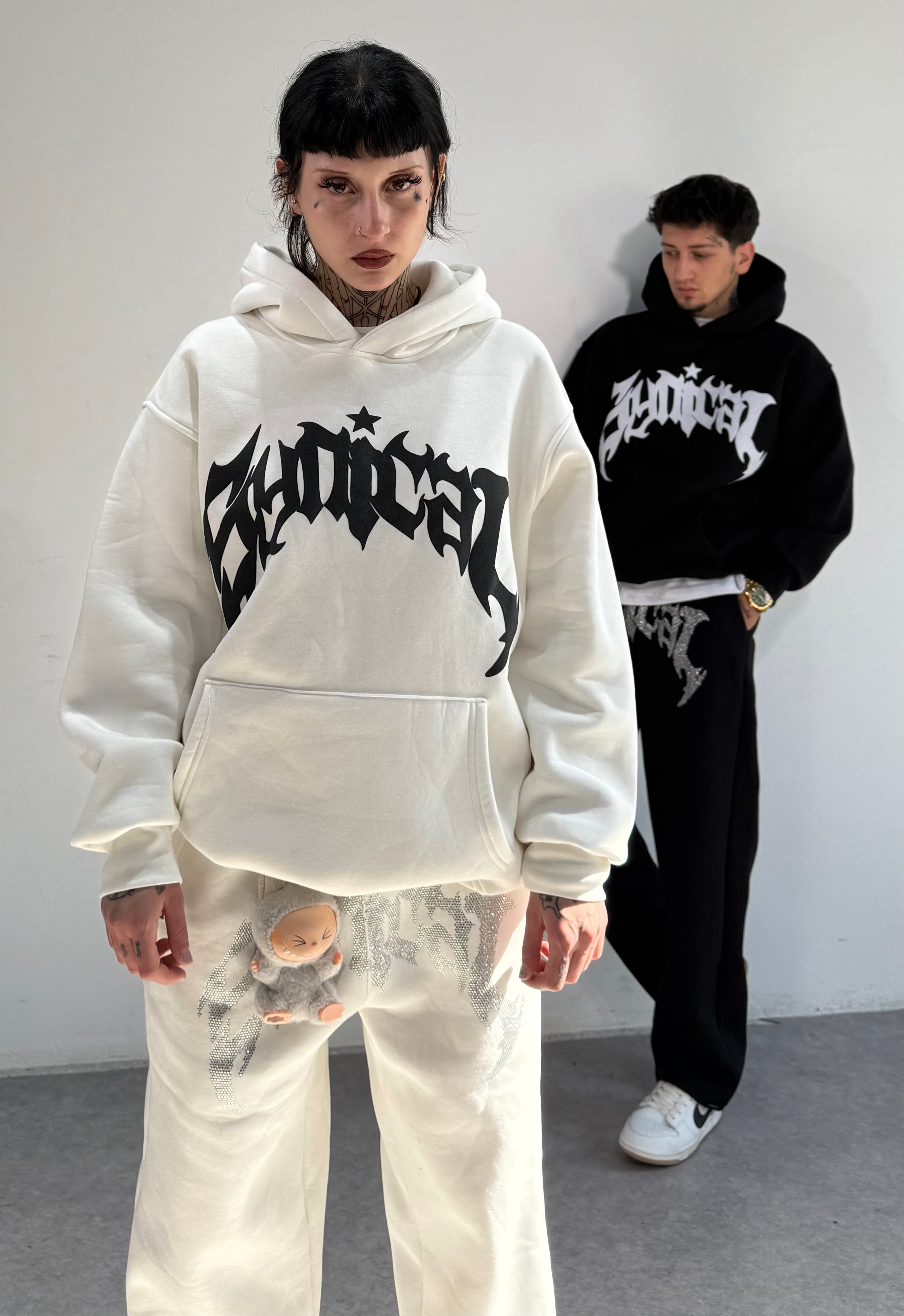 Kışlık Kumaş Oversize Premium Kanatlı Sweatshirt - Beyaz