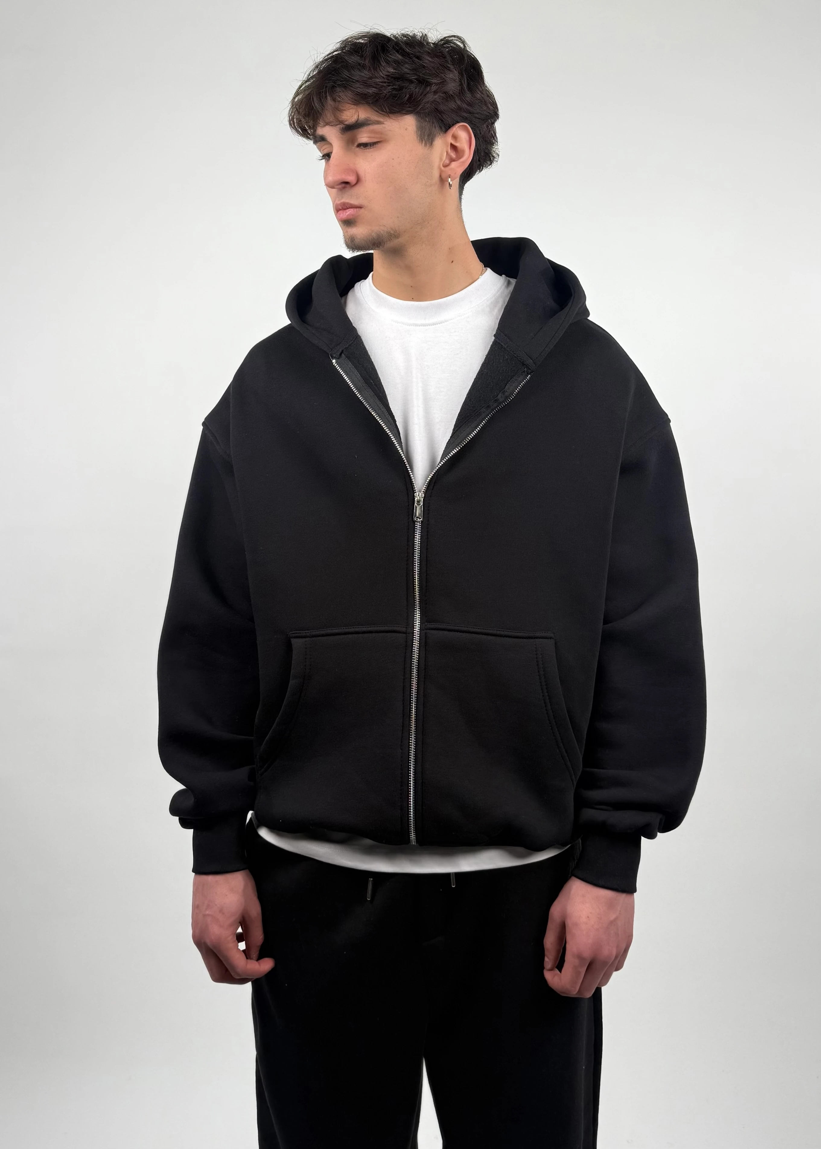 Kışlık Kumaş Oversize Premium Basic Fermuarlı Sweatshirt