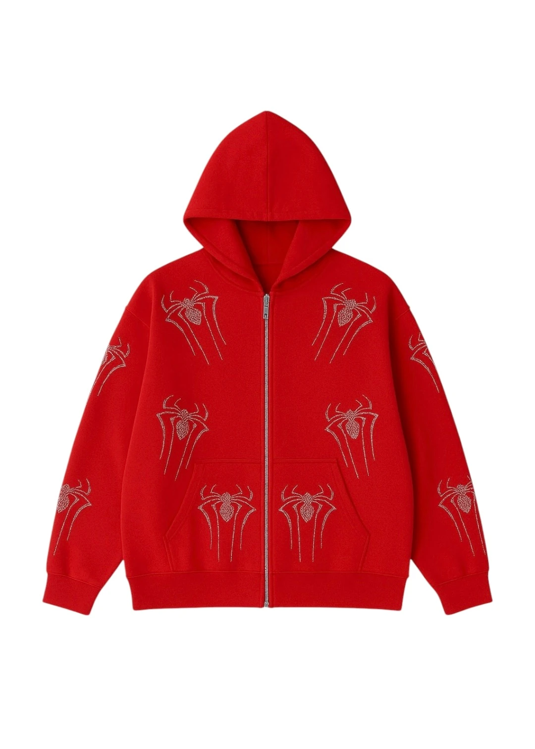 Özel Seri Spider Taşlı Oversize Zipp Hoodie - Kırmızı