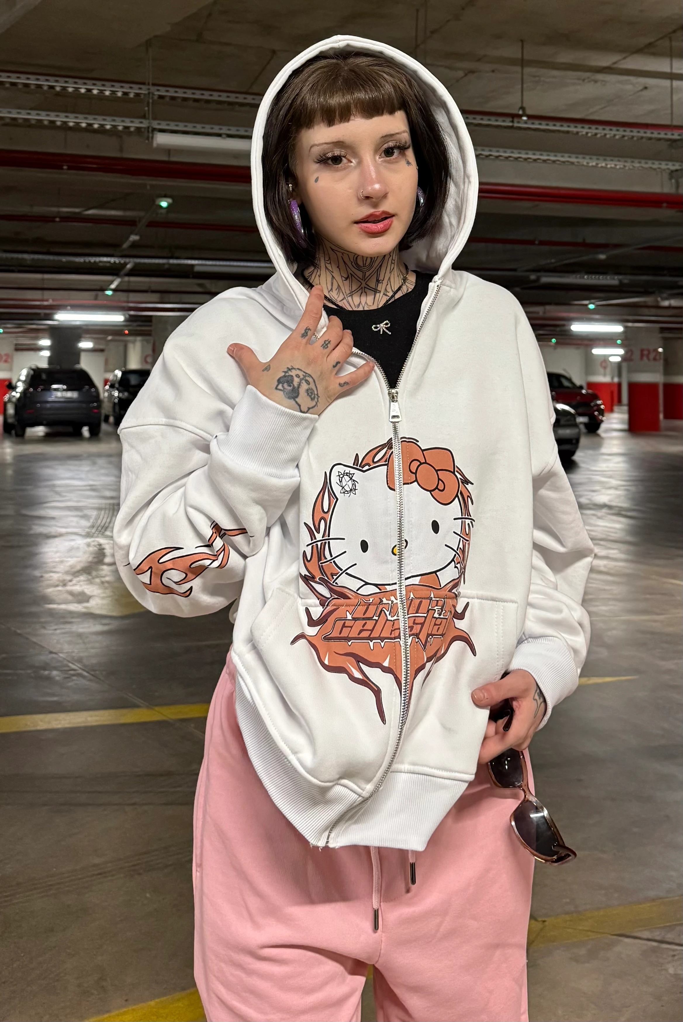 Hello Kitty Baskılı Oversize Zipp Hoodie  - Beyaz