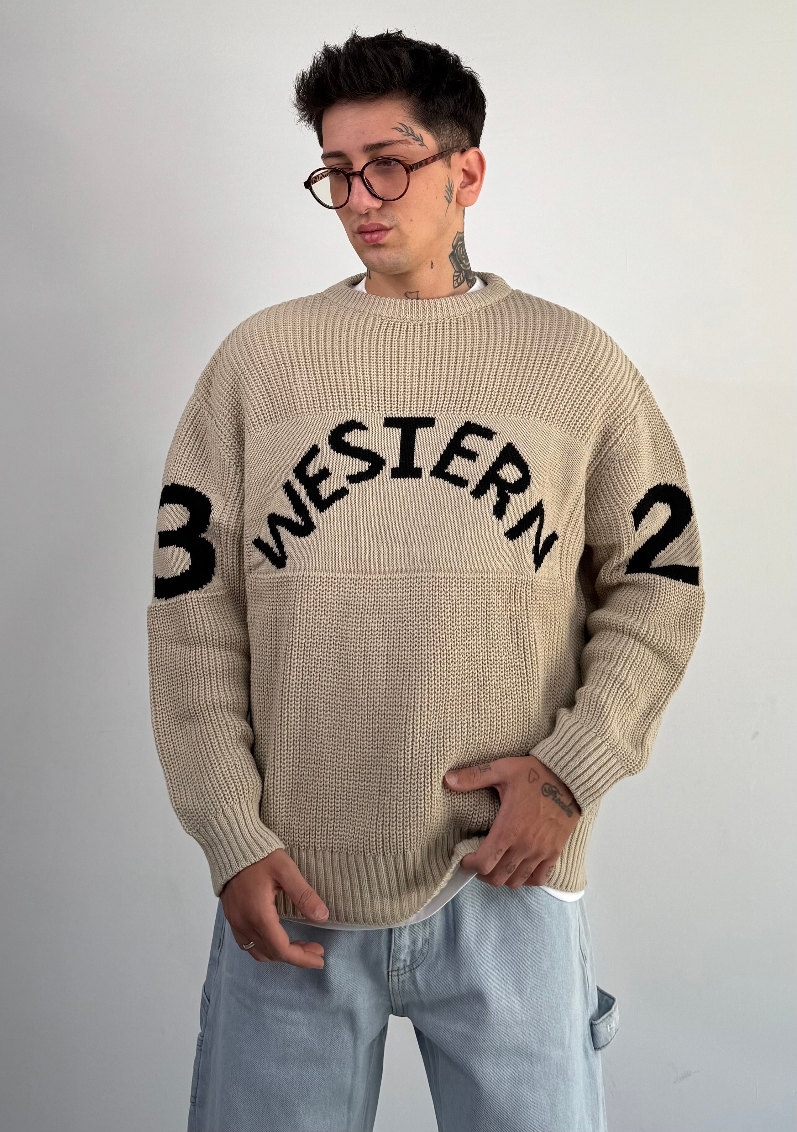 Western Oversize Triko Kazak  - krem