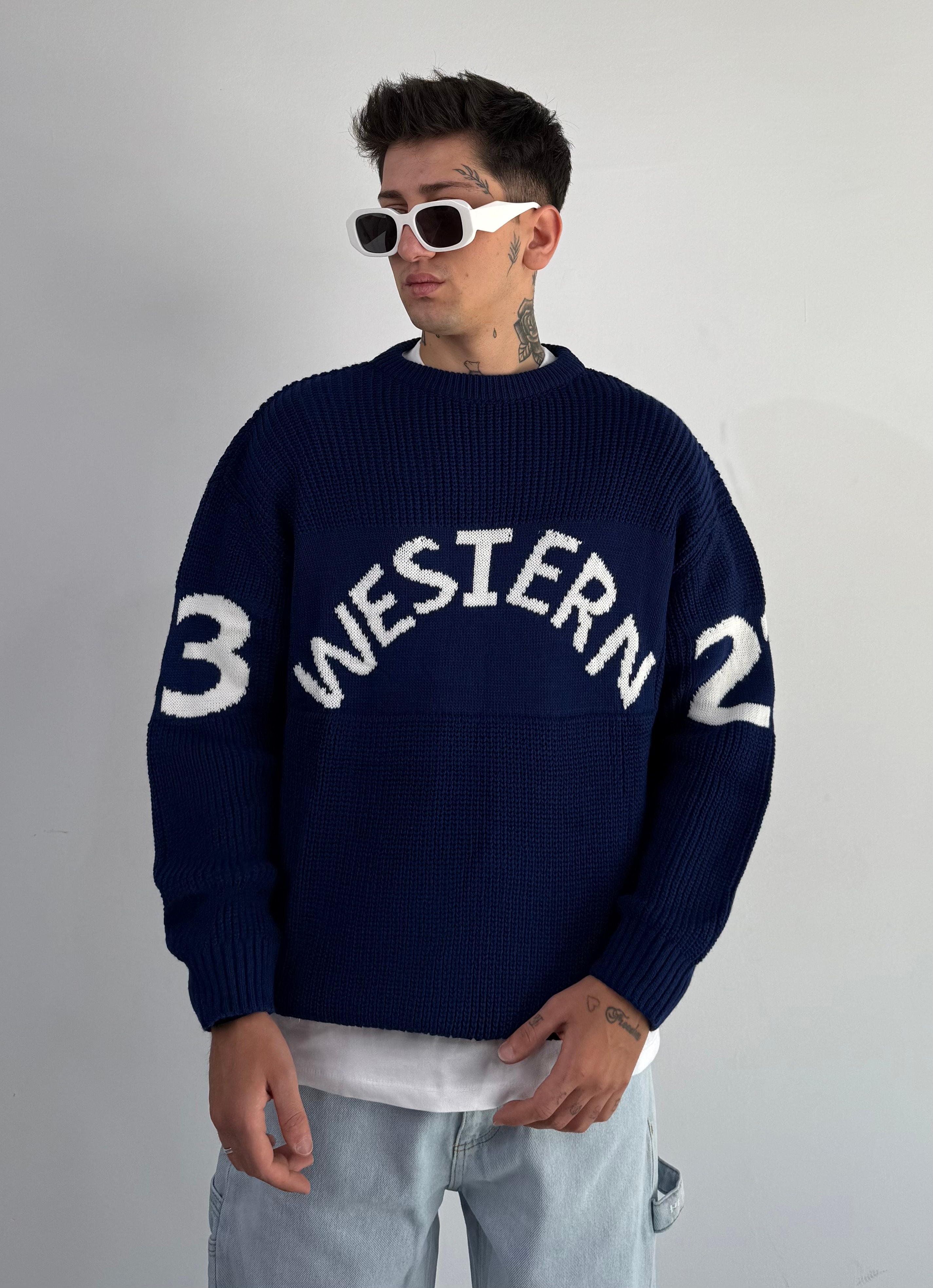Western Oversize Triko Kazak  - lacivert