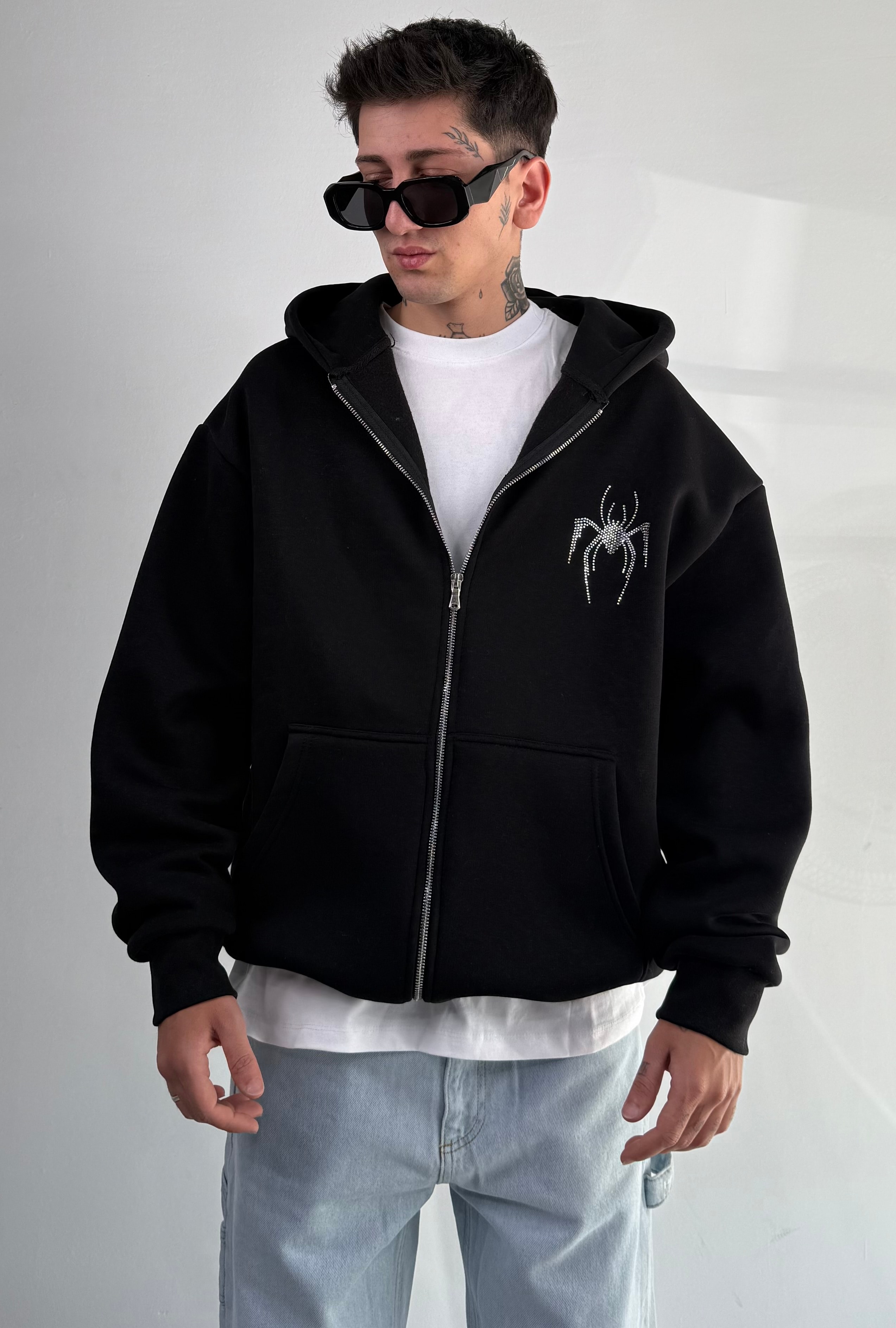 Spider Taşlı Oversize Fermuarlı Sweatshirt - Siyah