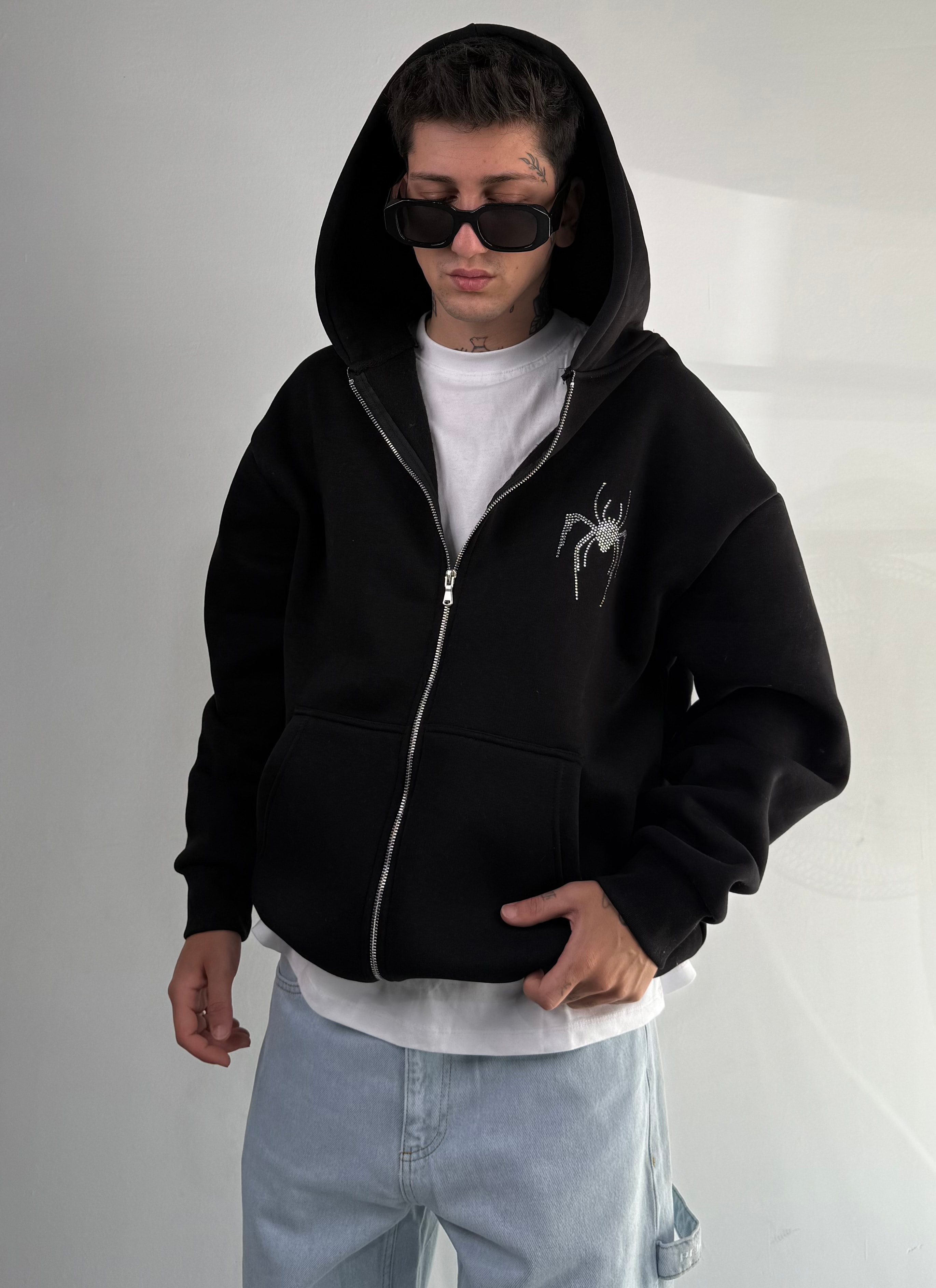 Spider Taşlı Oversize Fermuarlı Sweatshirt