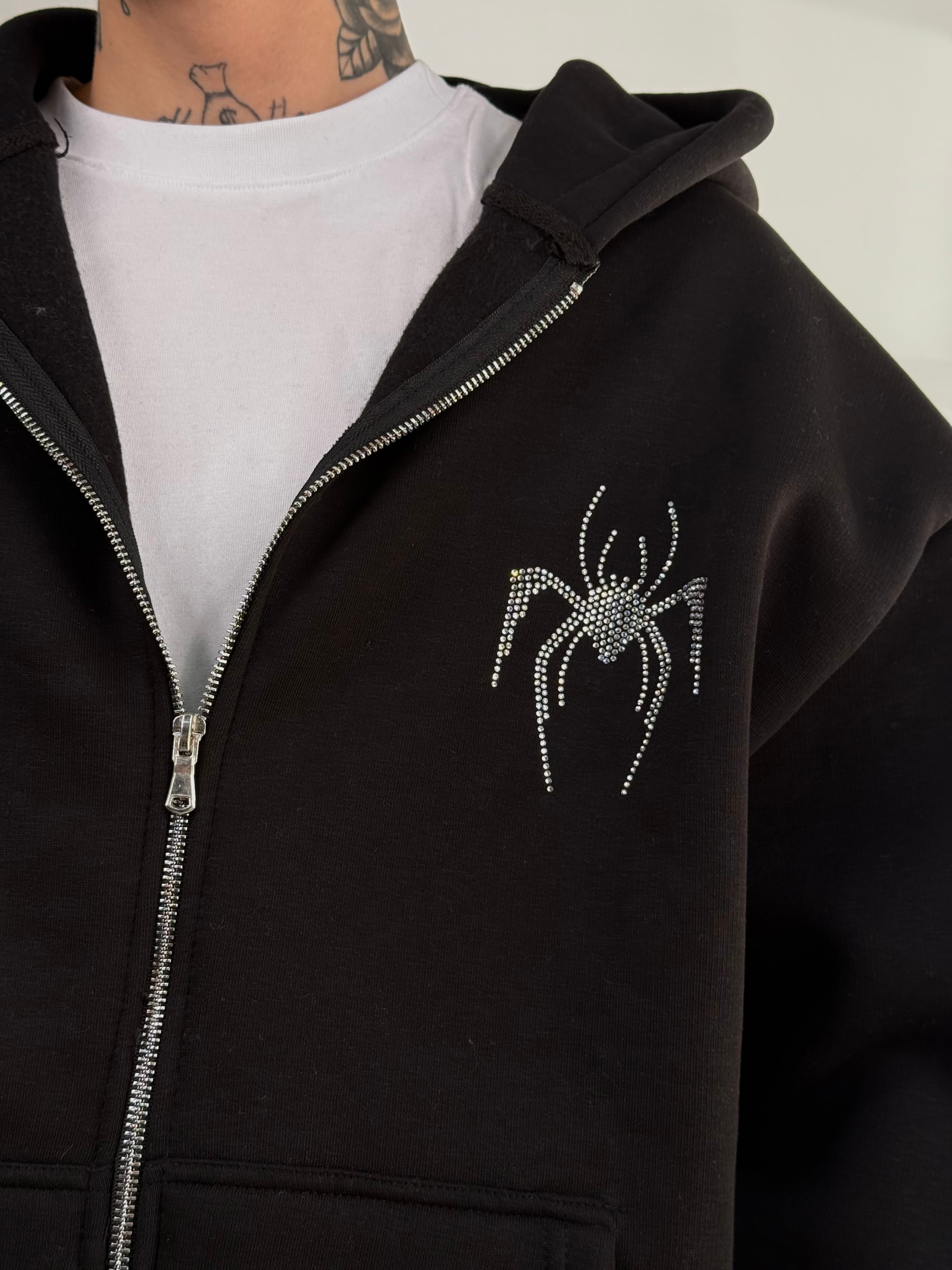 Spider Taşlı Oversize Fermuarlı Sweatshirt