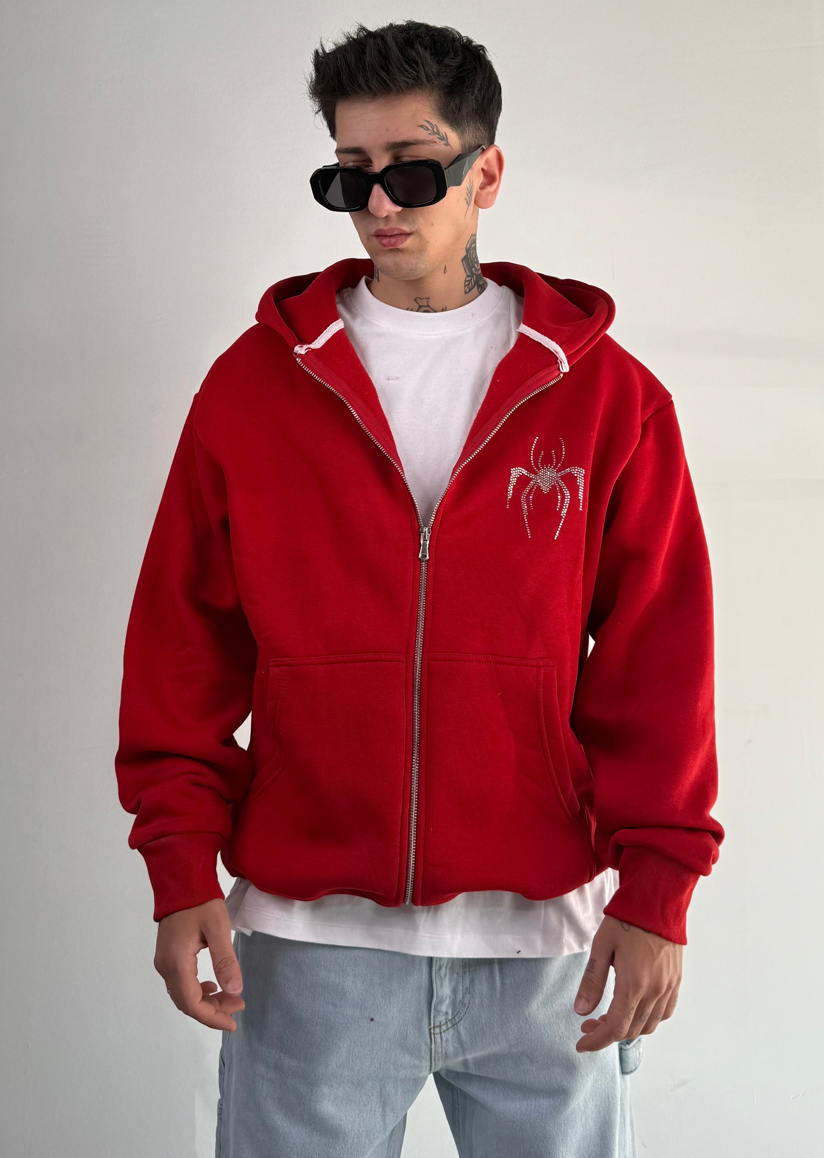 Spider Taşlı Oversize Fermuarlı Sweatshirt - Kırmızı
