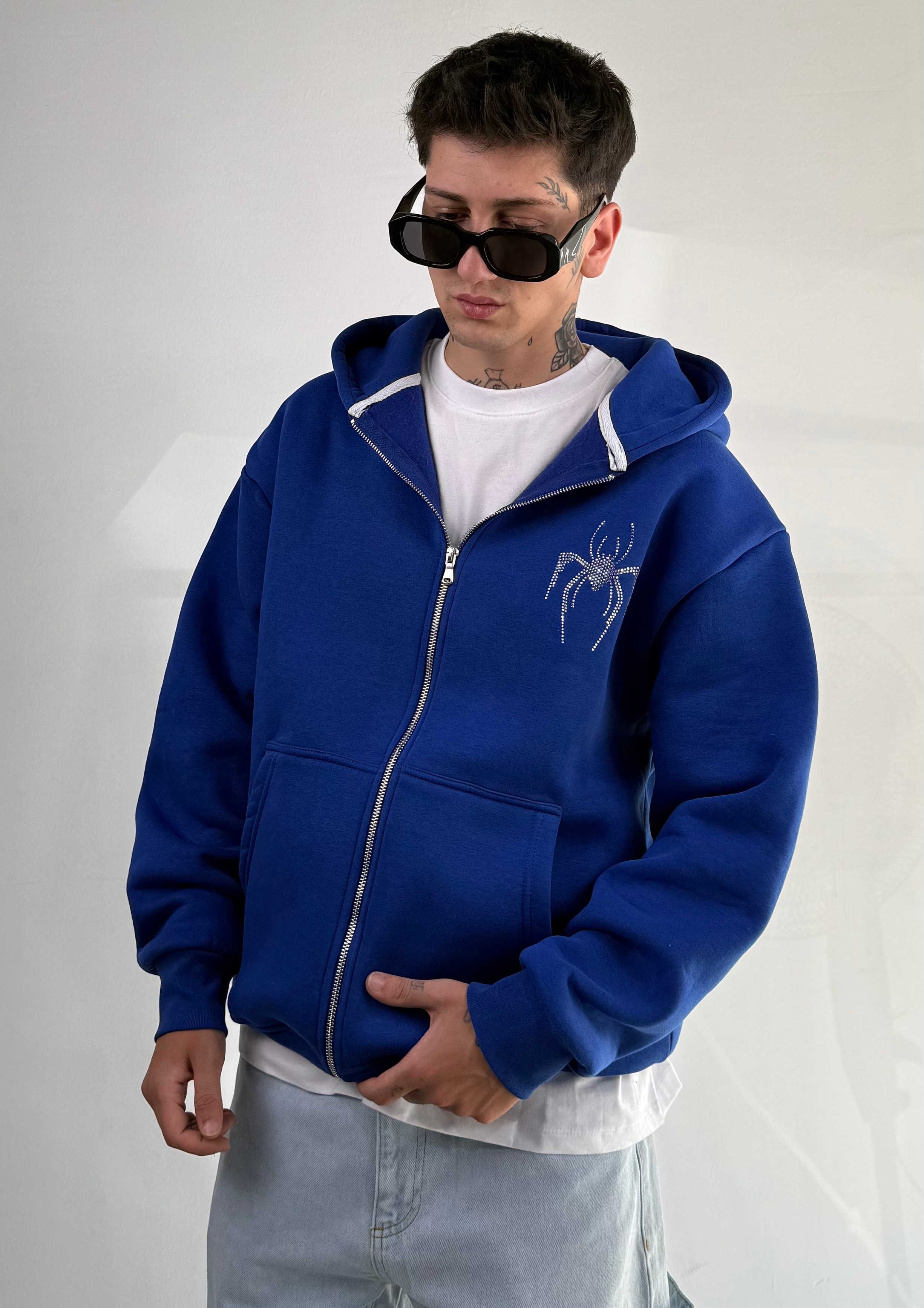Spider Taşlı Oversize Fermuarlı Sweatshirt - Mavi
