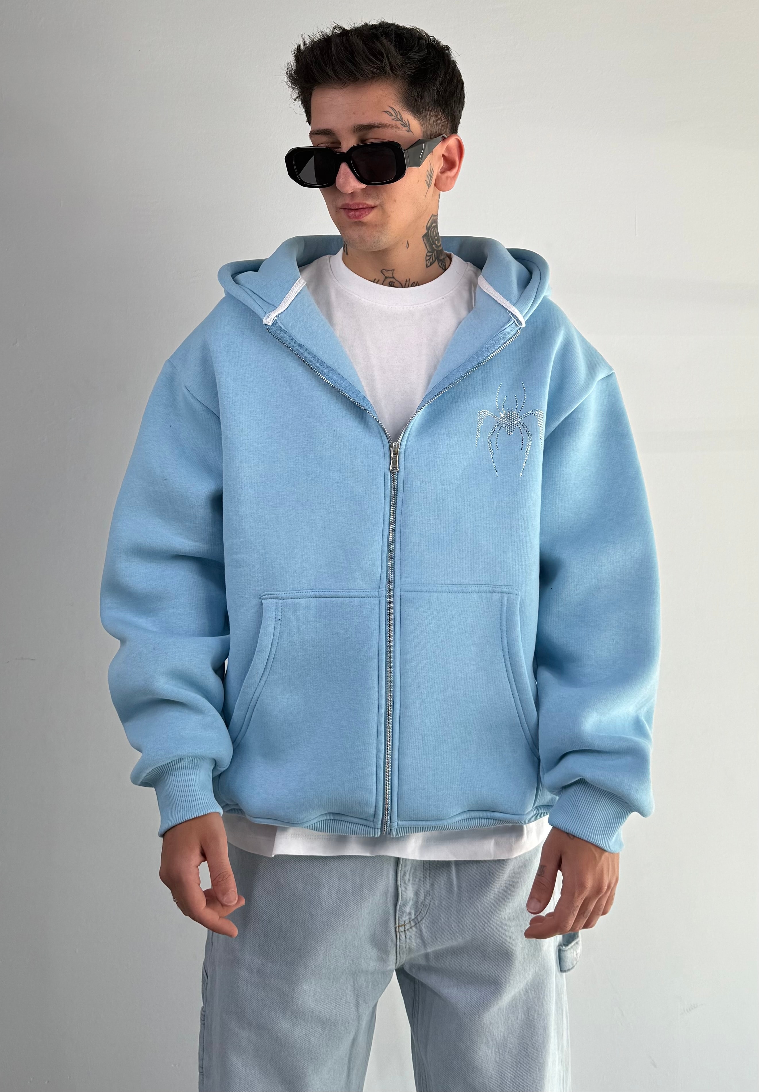 Spider Taşlı Oversize Fermuarlı Sweatshirt - Bebek Mavisi