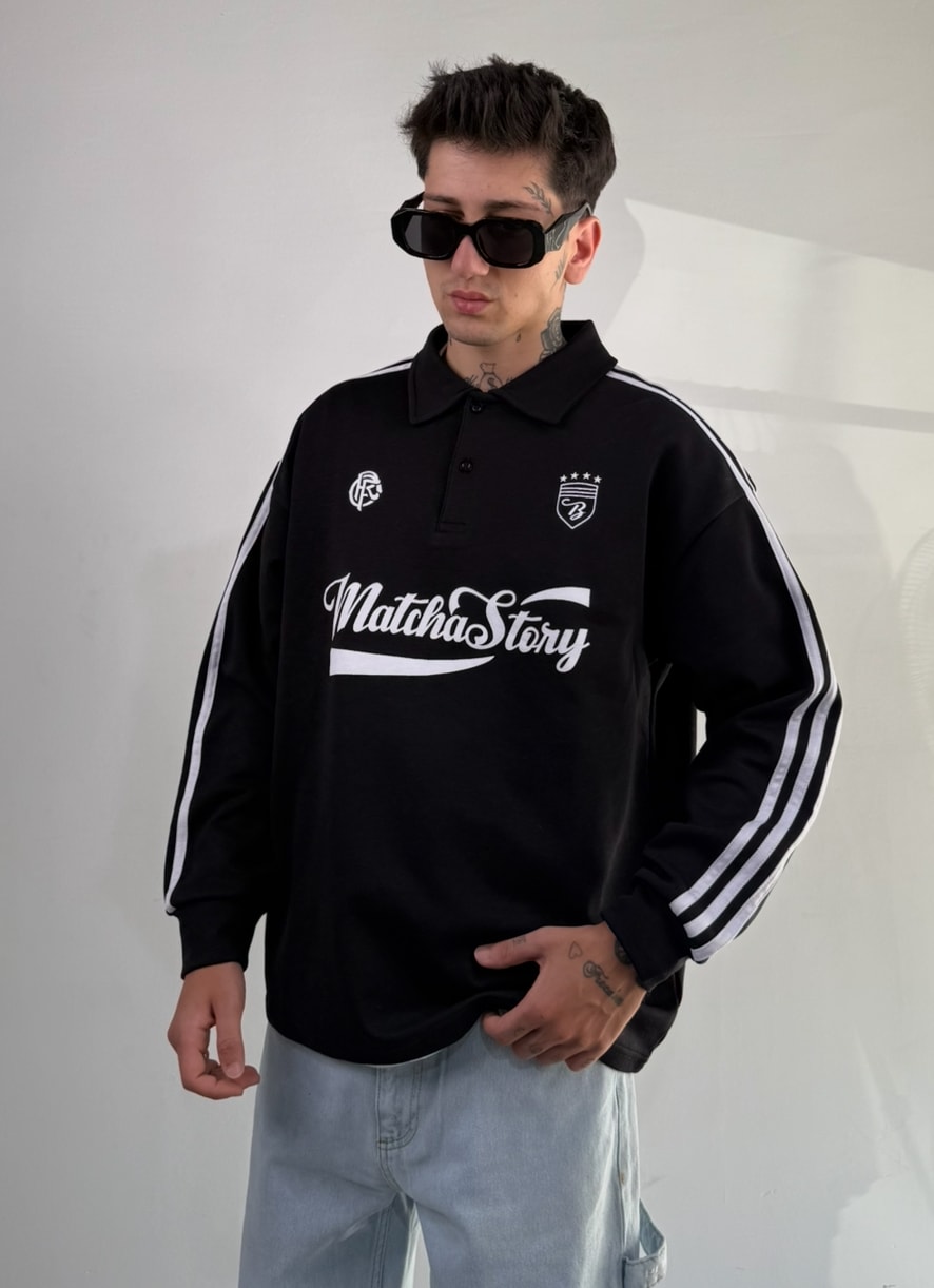 Matcha Story Baskılı Oversize Polo Yaka Sweat - Siyah