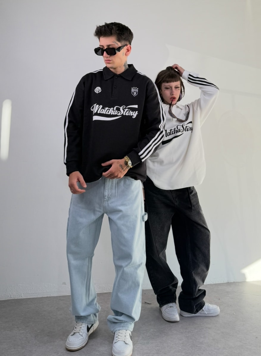 Matcha Story Baskılı Oversize Polo Yaka Sweat