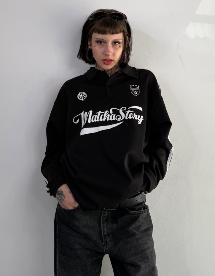 Matcha Story Baskılı Oversize Polo Yaka Sweat