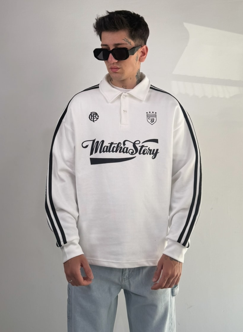 Matcha Story Baskılı Oversize Polo Yaka Sweat - Beyaz