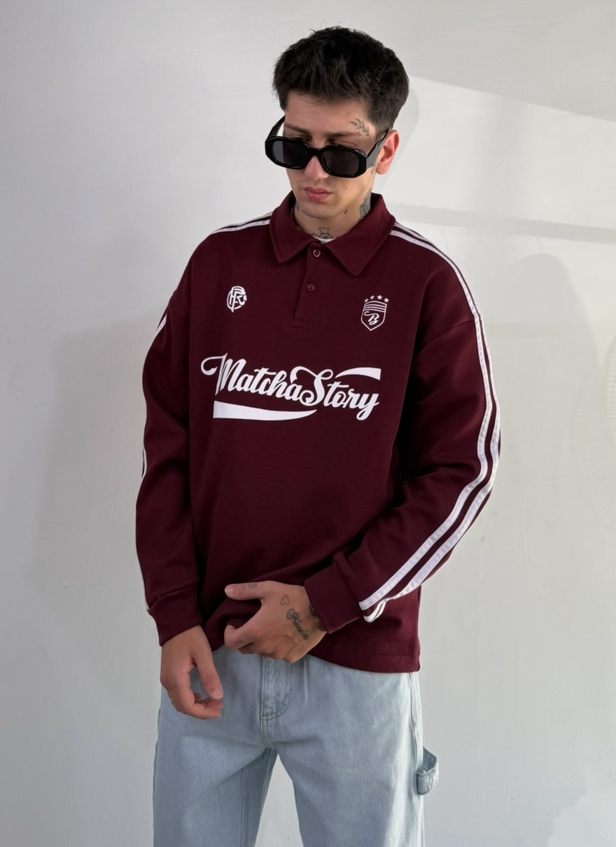 Matcha Story Baskılı Oversize Polo Yaka Sweat - Bordo