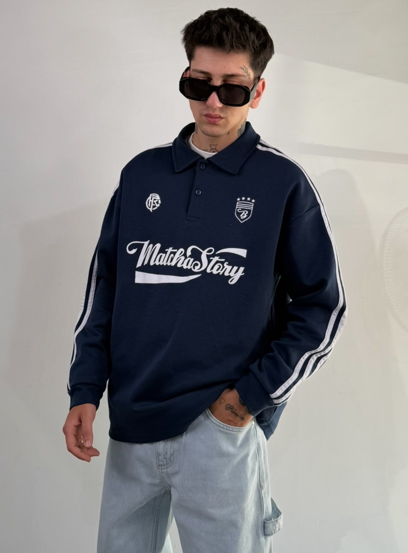 Matcha Story Baskılı Oversize Polo Yaka Sweat - lacivert