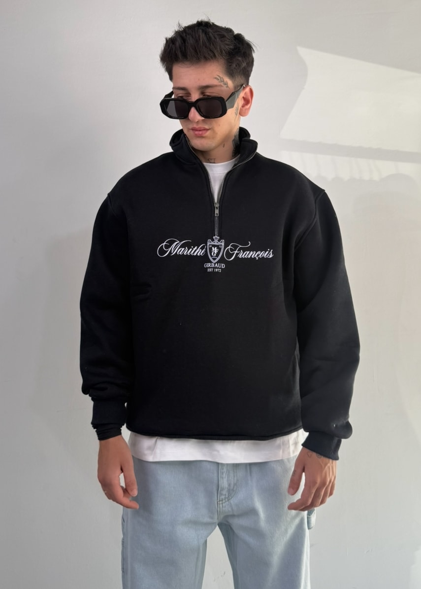 Baskılı Oversize Premium Yarım Fermuarlı  Sweatshirt - Siyah