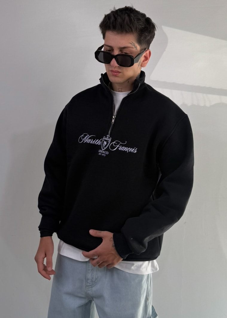 Baskılı Oversize Premium Yarım Fermuarlı  Sweatshirt