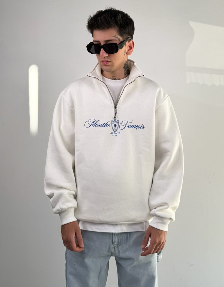 Baskılı Oversize Premium Yarım Fermuarlı  Sweatshirt - Beyaz