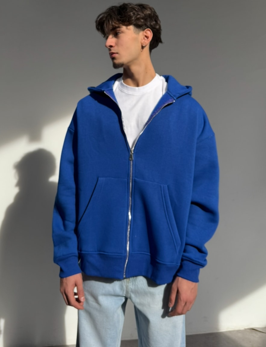 Kışlık Kumaş Oversize  Basic Fermuarlı Sweatshirt - Mavi