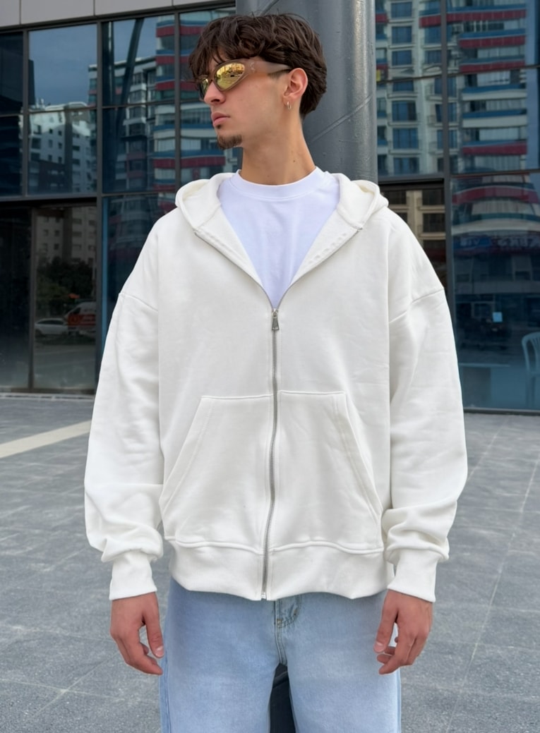 Kışlık Kumaş Oversize  Basic Fermuarlı Sweatshirt - Beyaz