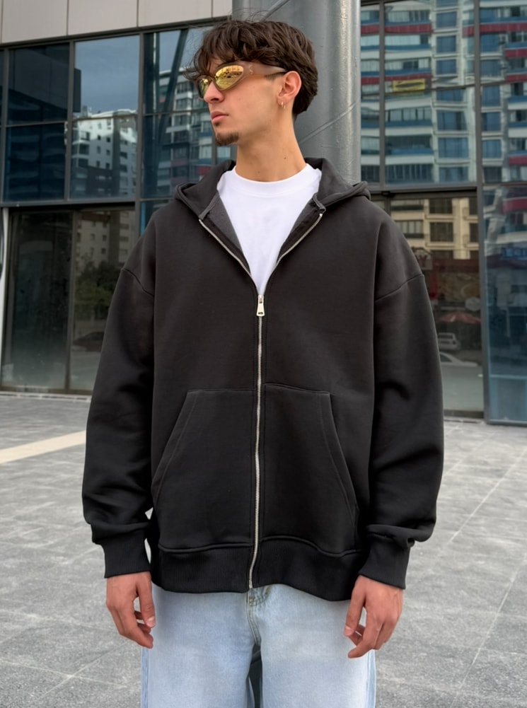 Kışlık Kumaş Oversize  Basic Fermuarlı Sweatshirt - Eskitme Siyah