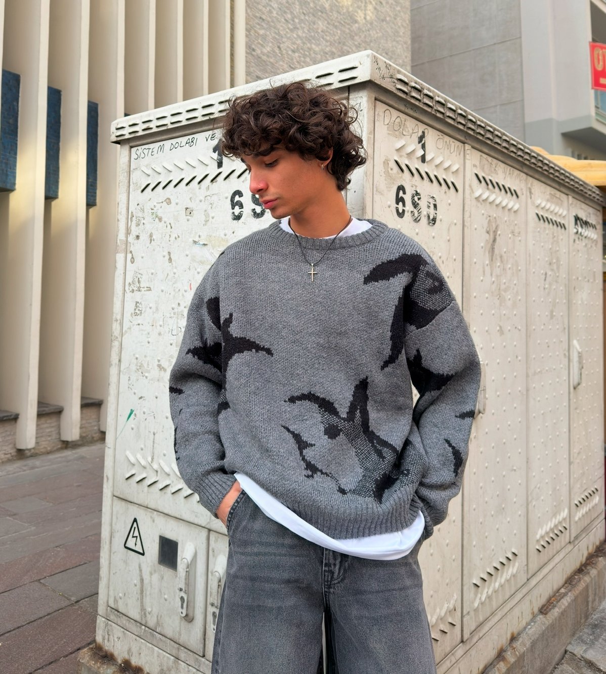 Desenli Oversize Premium Triko - antrasit