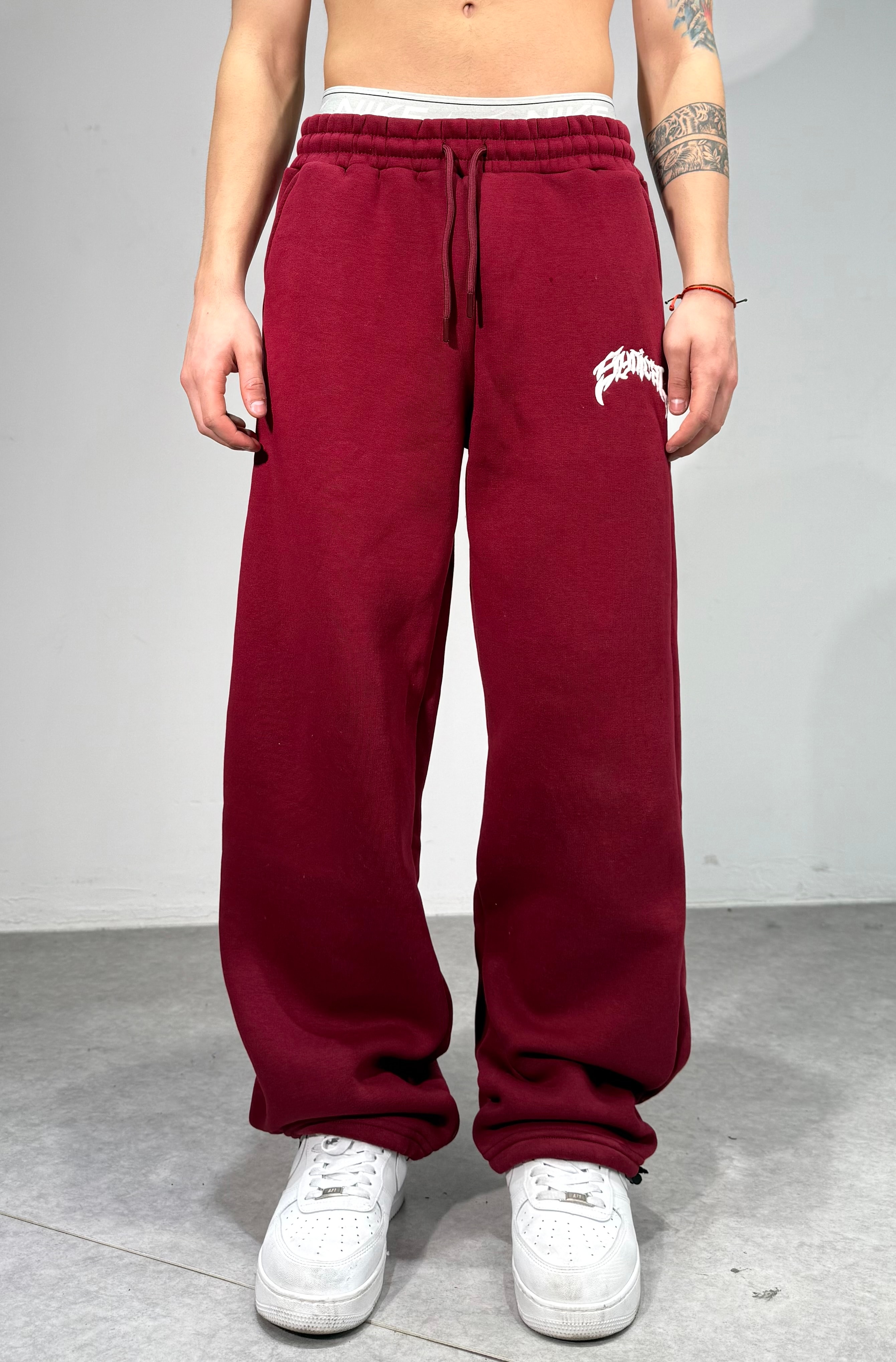 SYNCL Kışlık Nakışlı Ayarlanabilir Baggy Eşofman Altı  - Bordo