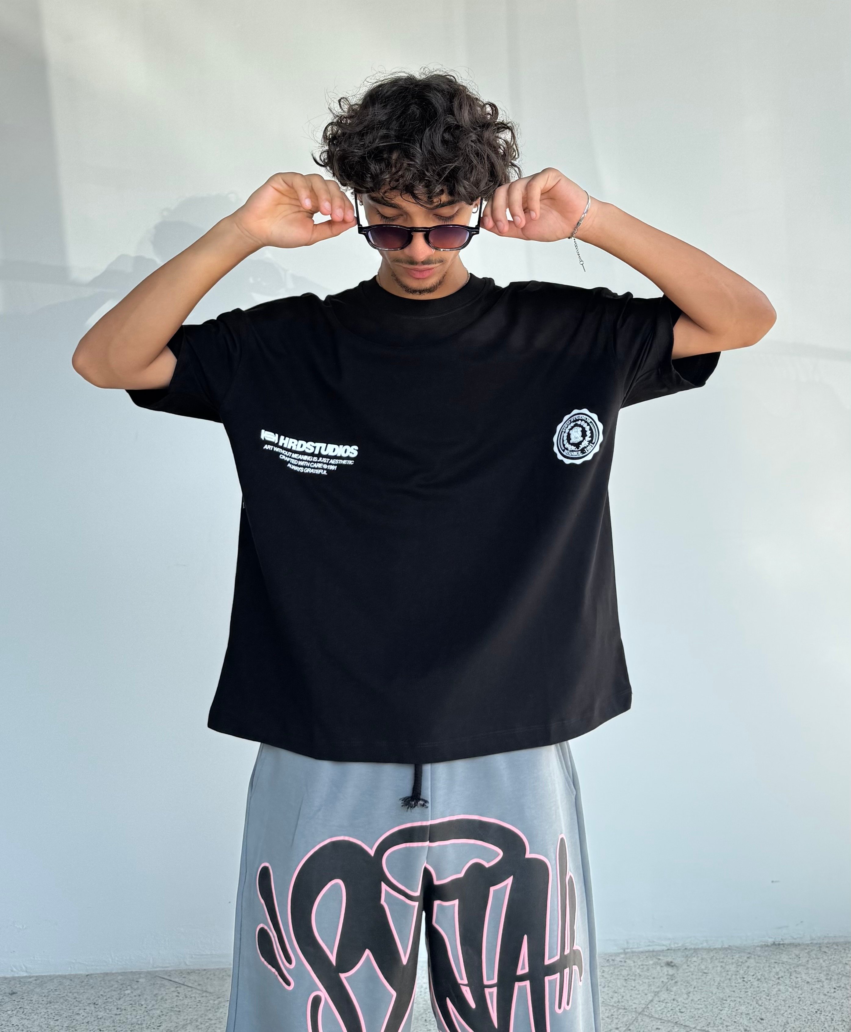 HS Baskılı Crop Boy Oversize Tişört - Siyah