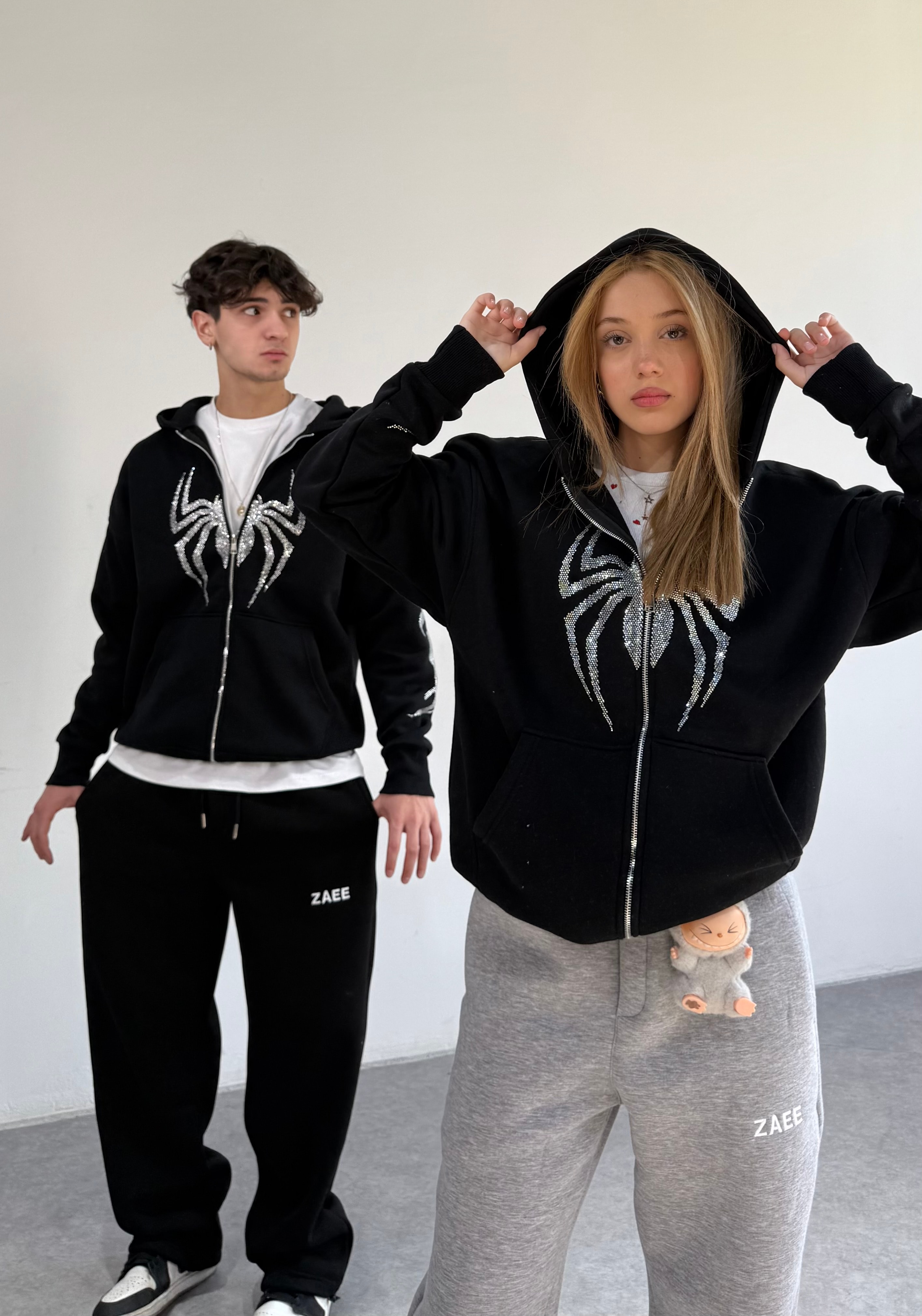 Spider Taşlı Oversize Fermuarlı Hırka - Siyah