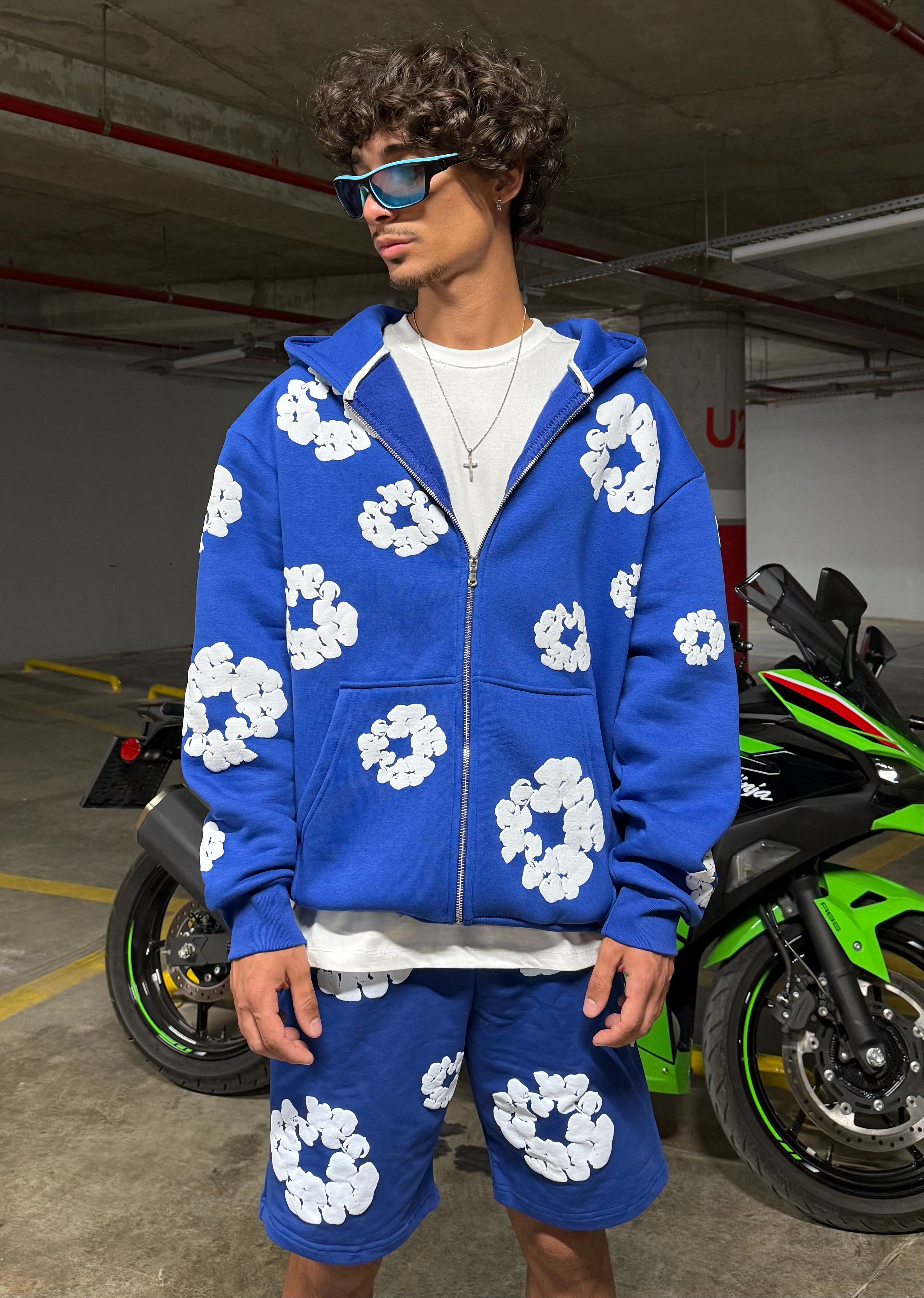 D. Tears Baskılı Oversize Zipp Hoodie - Mavi