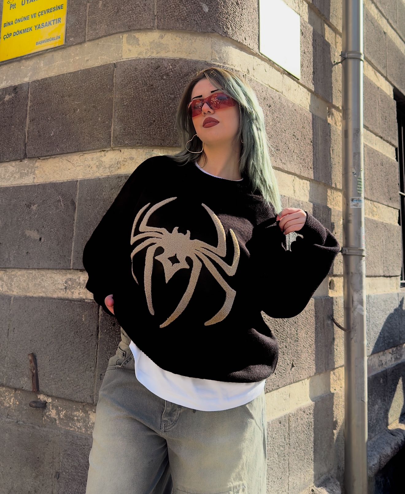 Spider desenli Oversize Triko Kazak  - Siyah