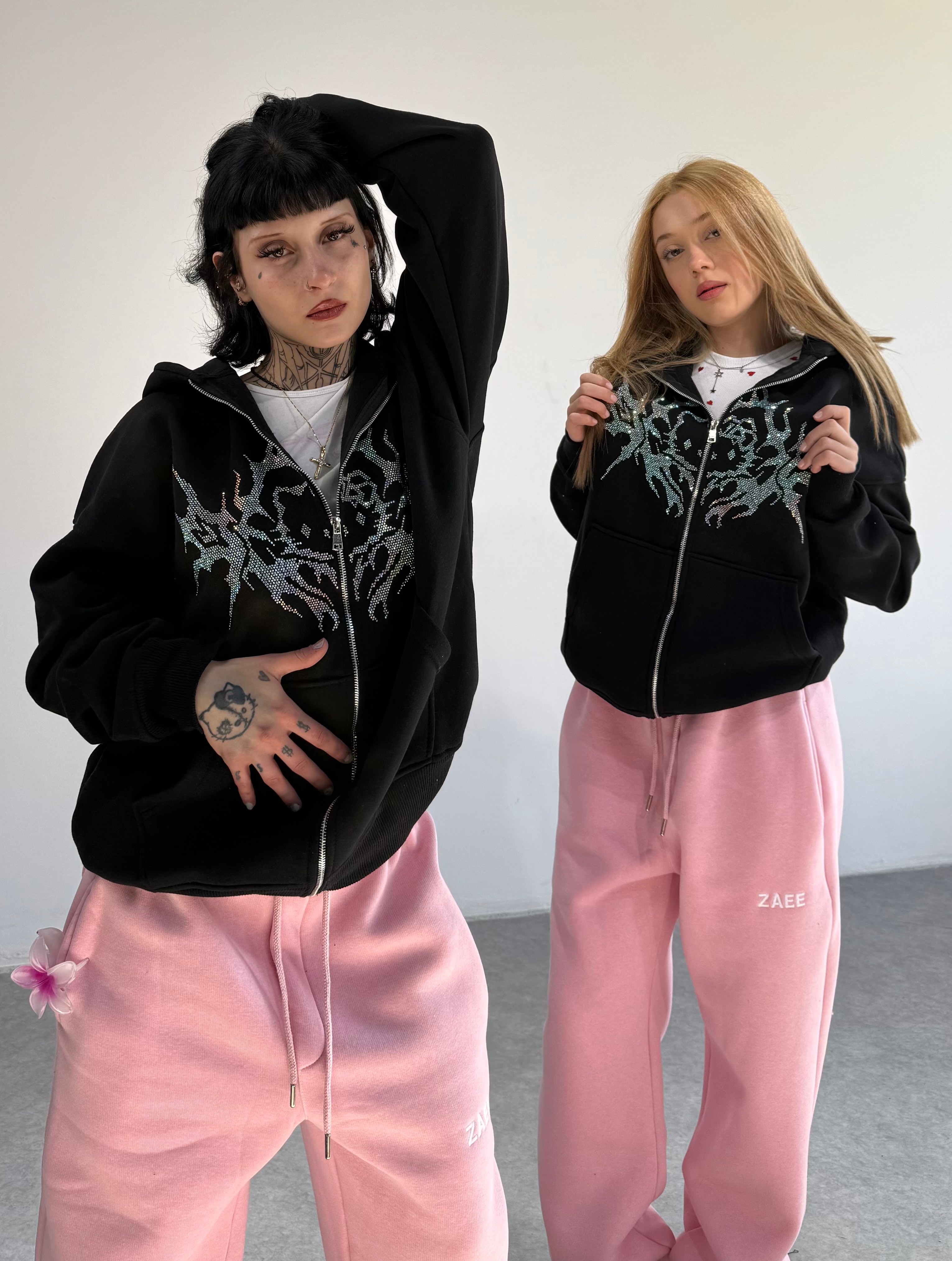 Hello Kitty taşlı Oversize Fermuarlı Hırka  - Siyah