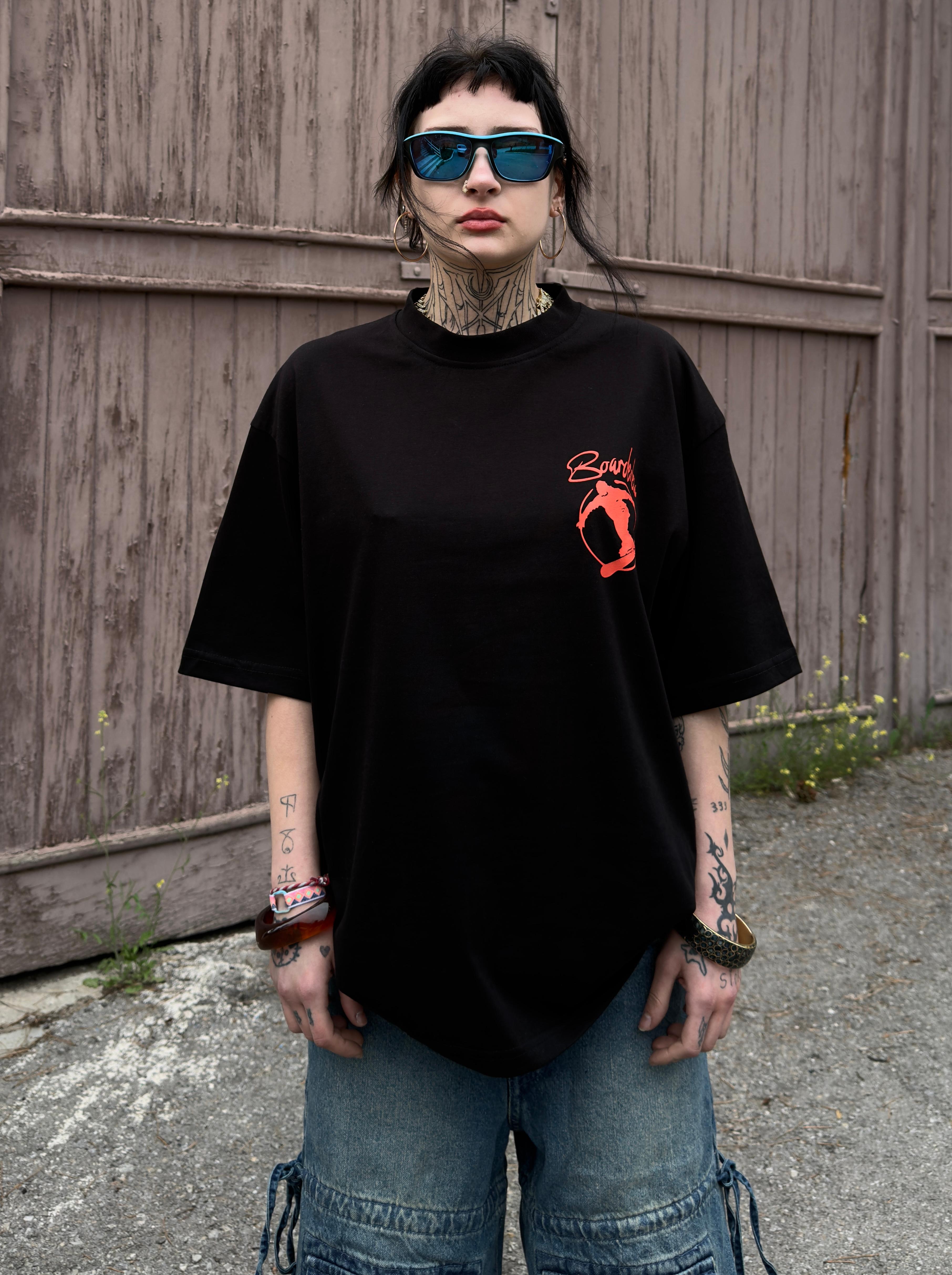 Skate Baskılı Oversize Tişört  - Siyah