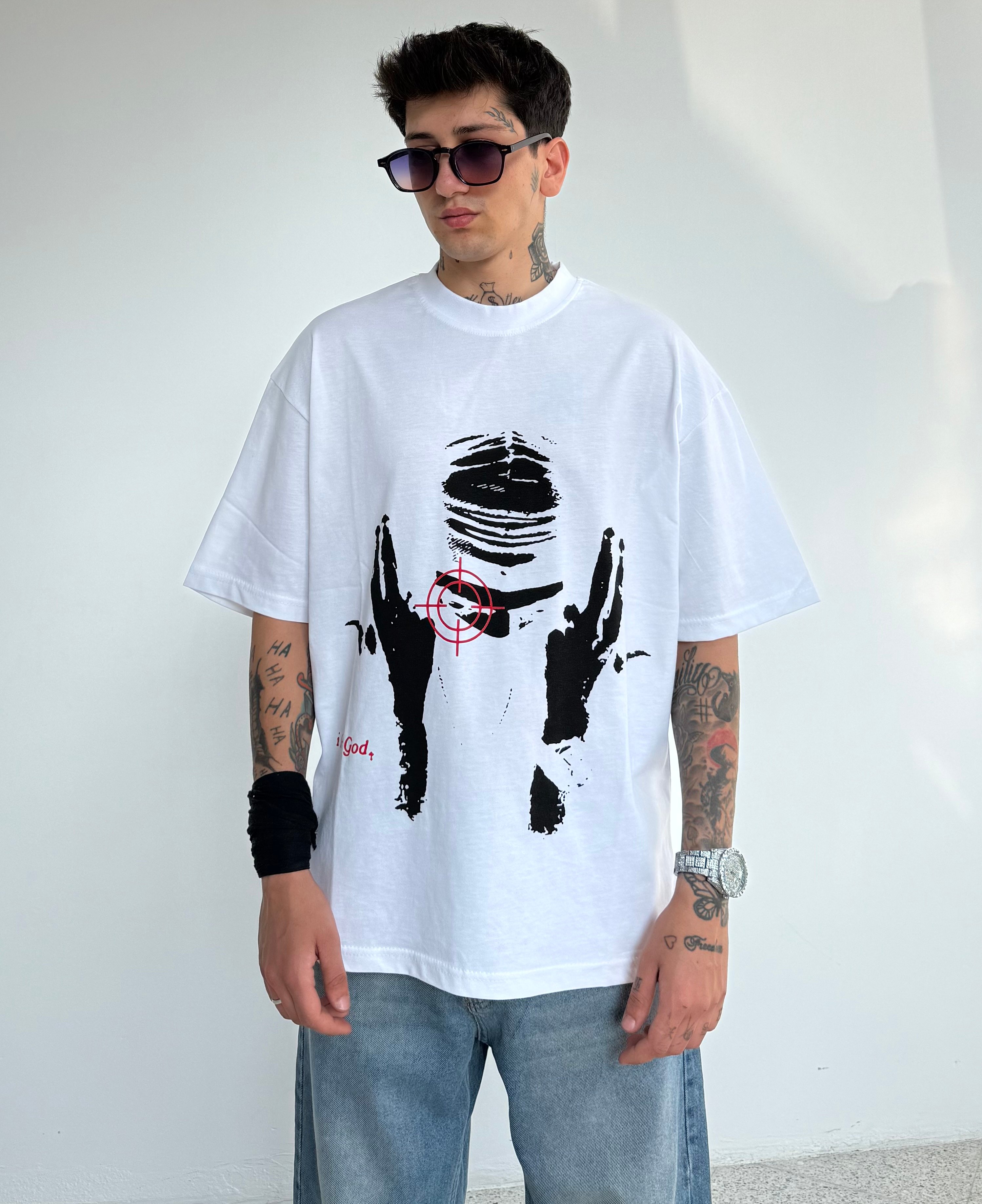 Baskılı Oversize Tişört - Beyaz