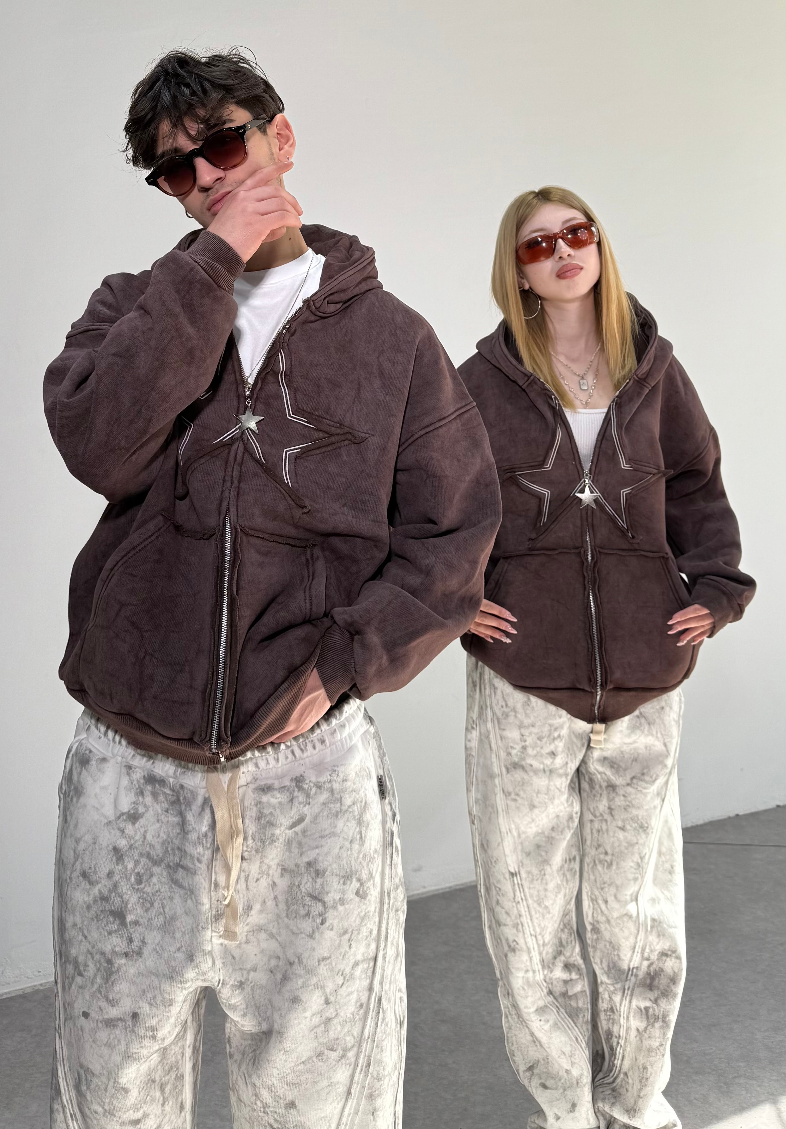 Star Oversize Acıd Wash Zipp Hoodie - yıkamalı Kahverengi