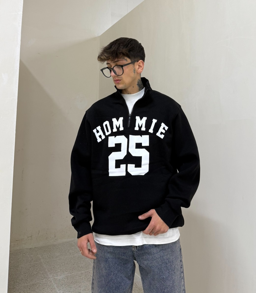 HM 25 Baskılı Half Zipp Sweat - Siyah