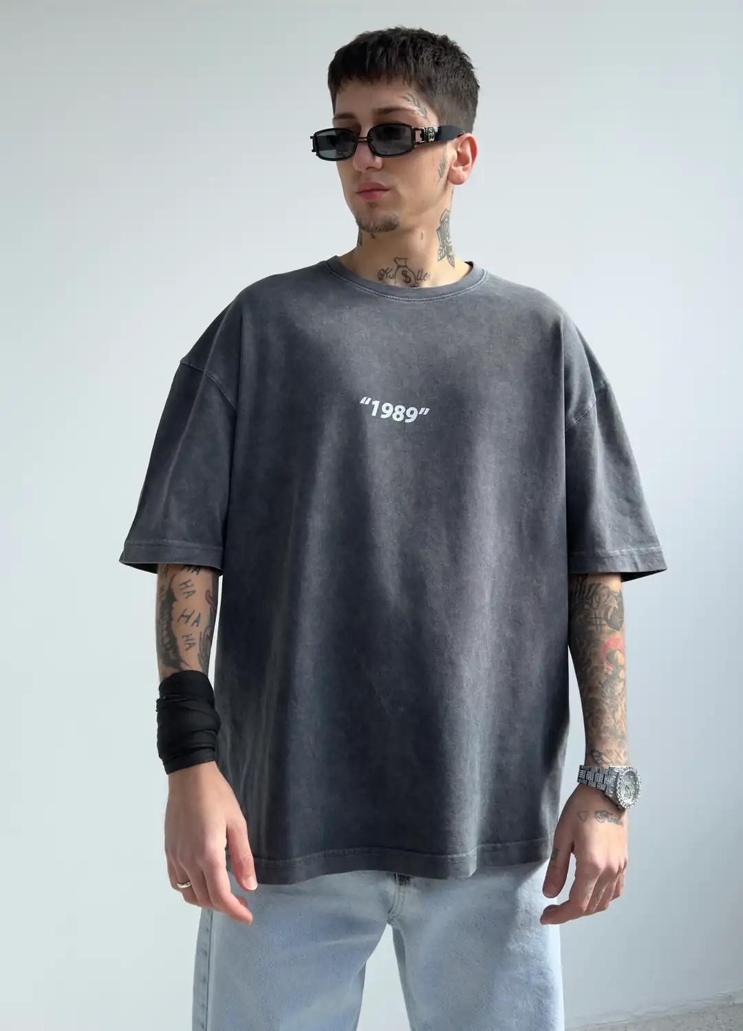 1989 Baskılın Oversize Acıd Wash Tişört