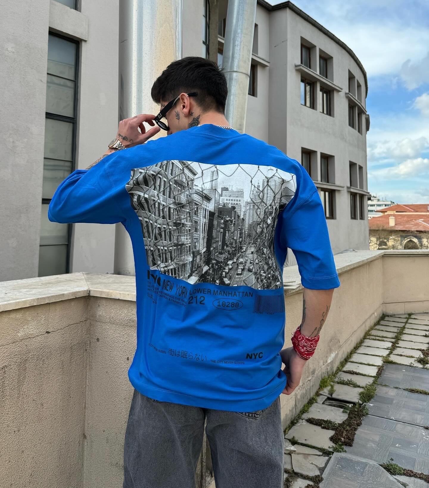 HRDSN New York  Baskılı Yüksek Kalite  Oversize Premium Mavi T-shirt