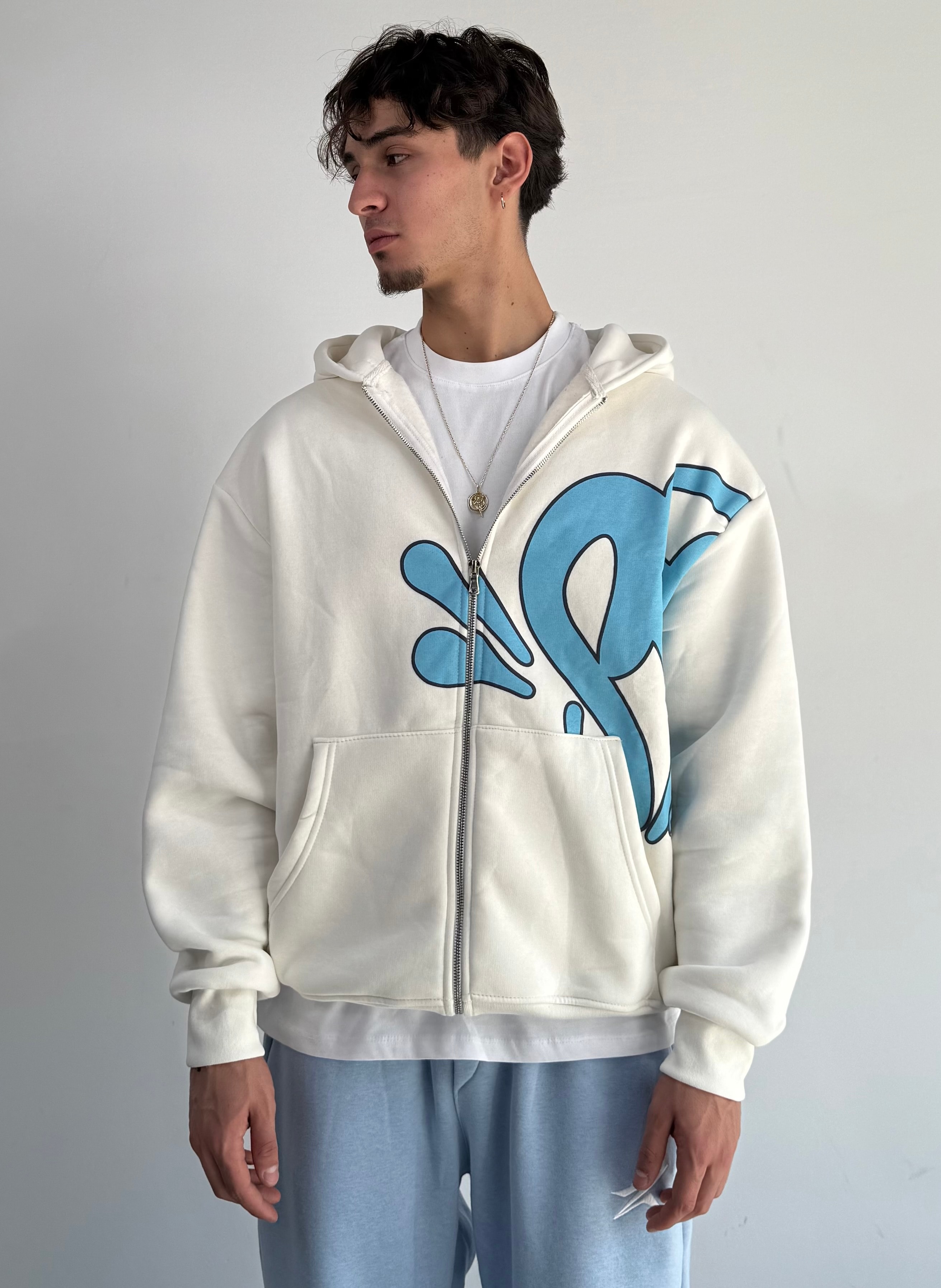 S Baskılı Oversize Zipp Hoodie  - Beyaz
