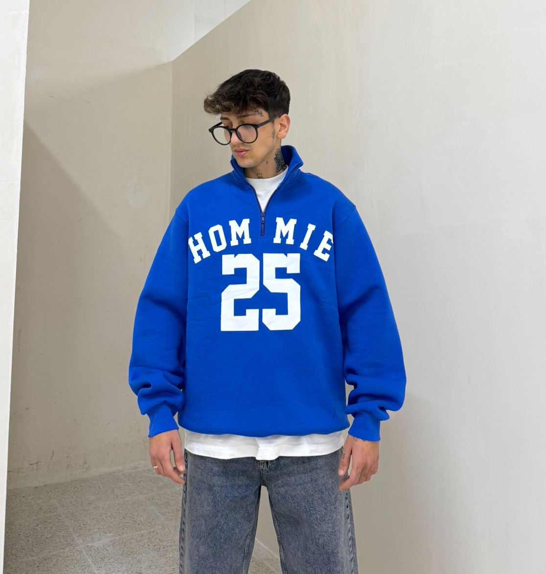 HM 25 Baskılı Half Zipp Sweat - Saks Mavi