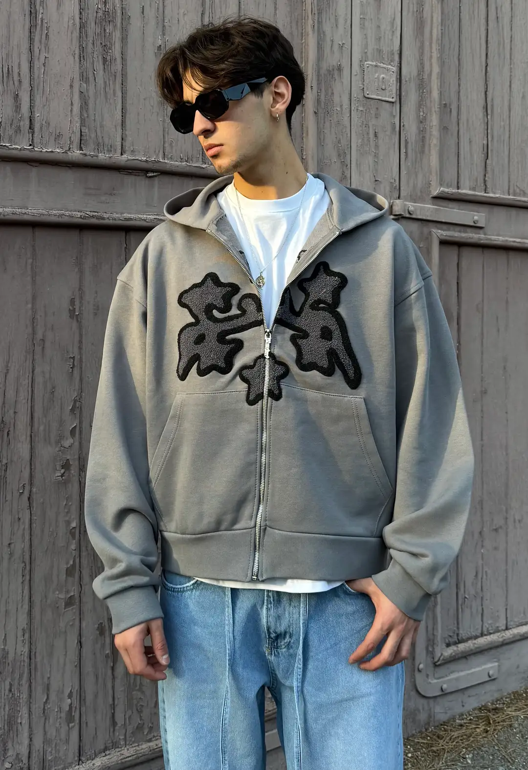 Süzine Nakışlı Yüksek Kalite Diyagonel Kumaş Oversize Zipp Hoodie