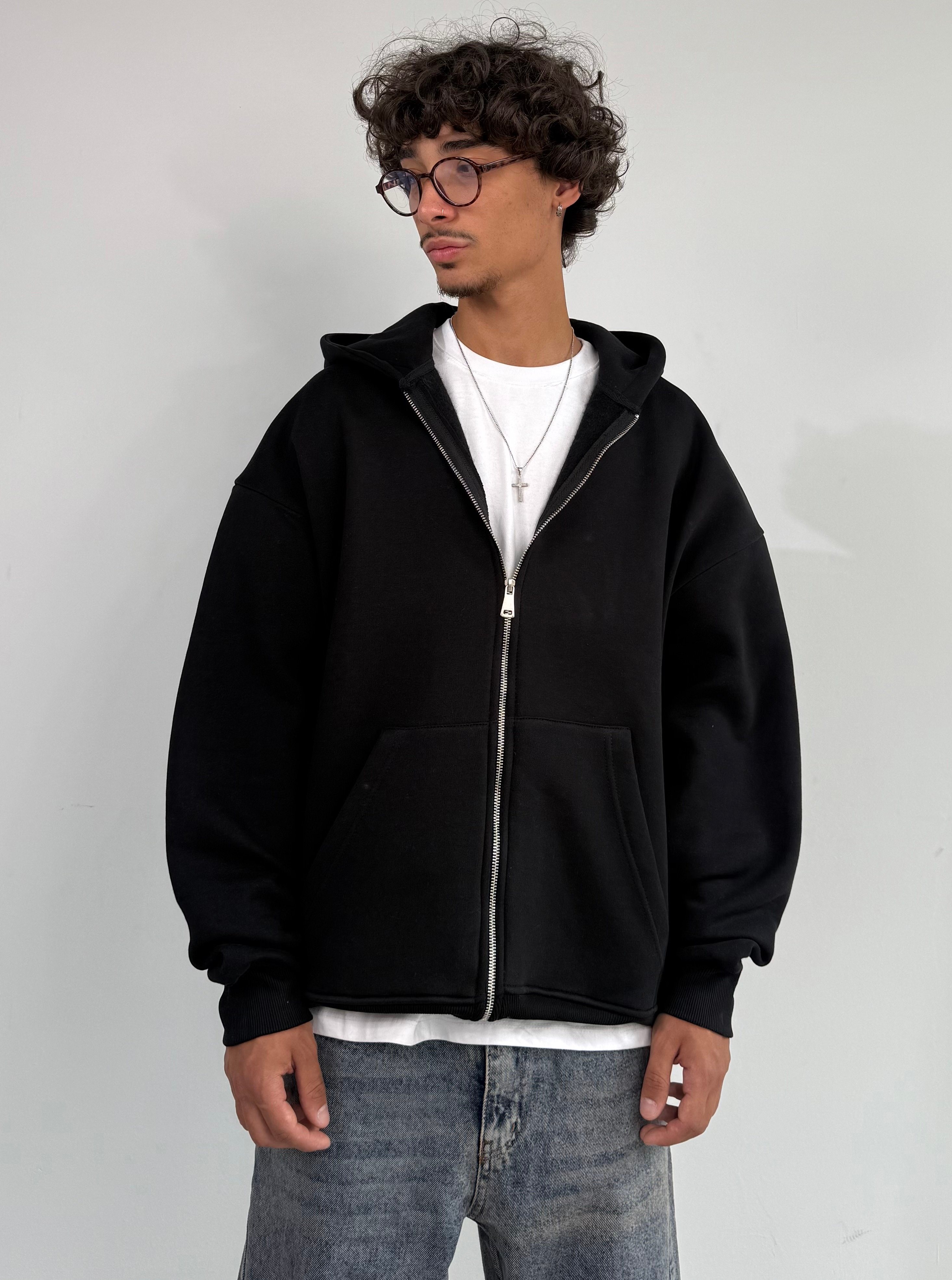 Kışlık Kumaş Oversize Premium Basic Fermuarlı Sweatshirt