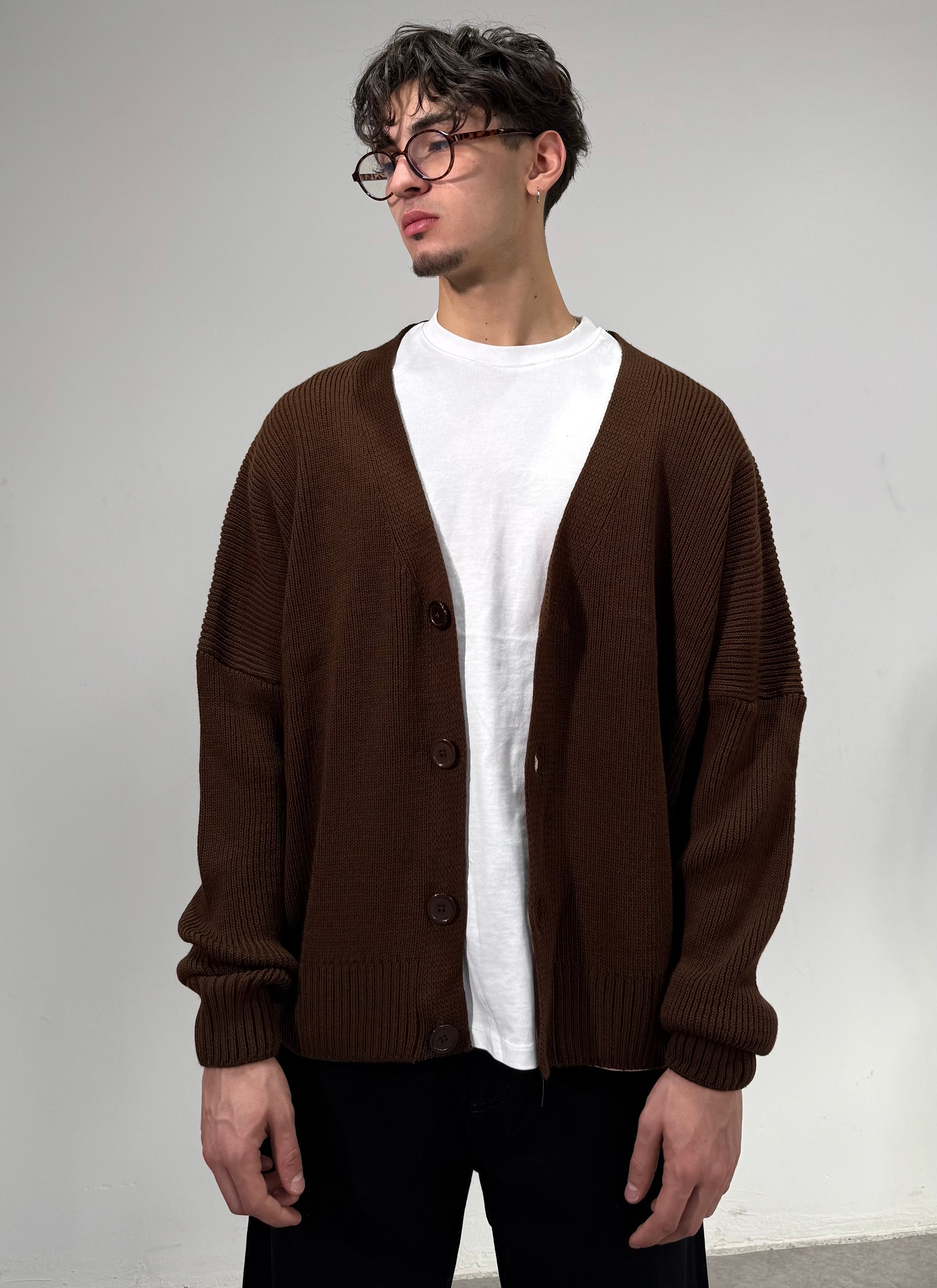 Düğmeli triko Hırka  - kahverengi