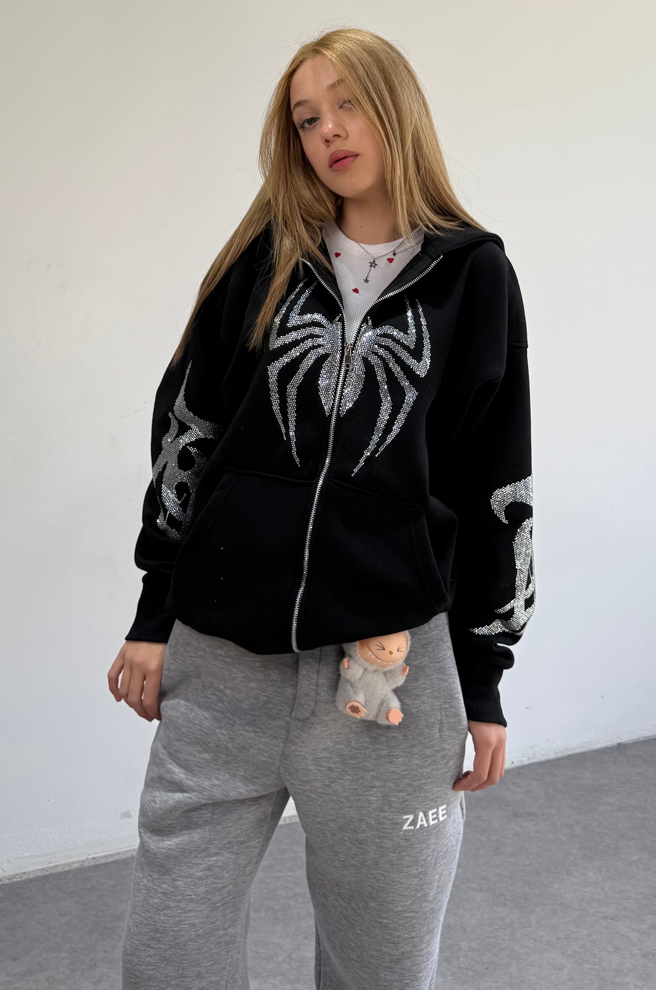 Spider Taşlı Oversize Fermuarlı Hırka