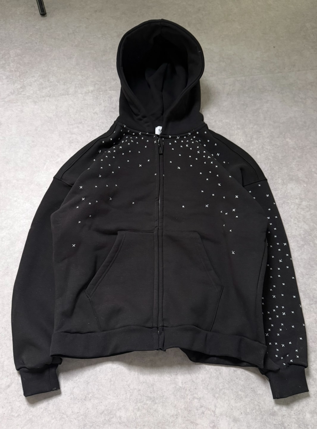 Yıldız Detay Oversize Premium Fermuarlı Hoodie - Siyah