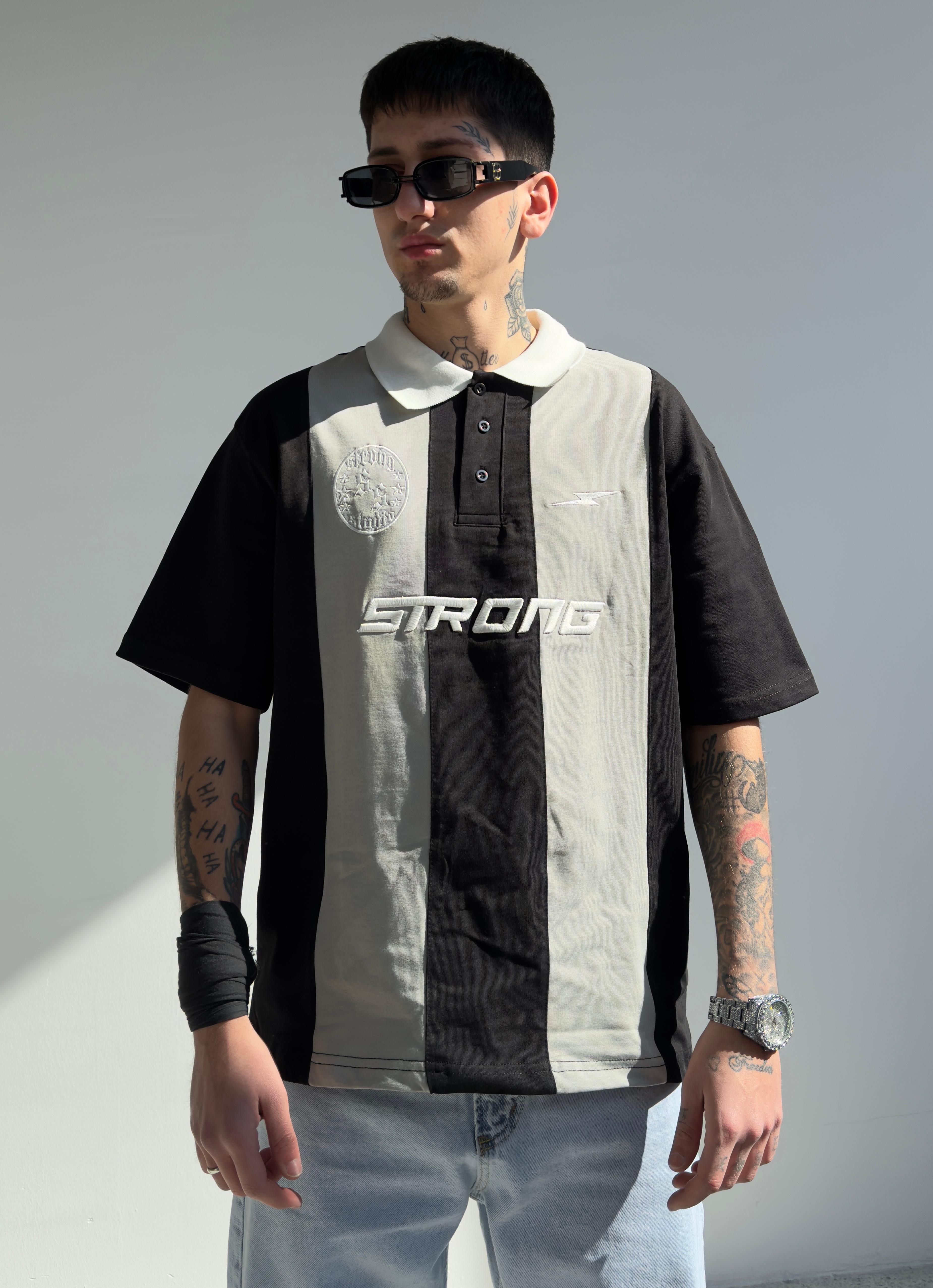 Strong Nakış Detay Oversize Polo Yaka Tişört - Gri