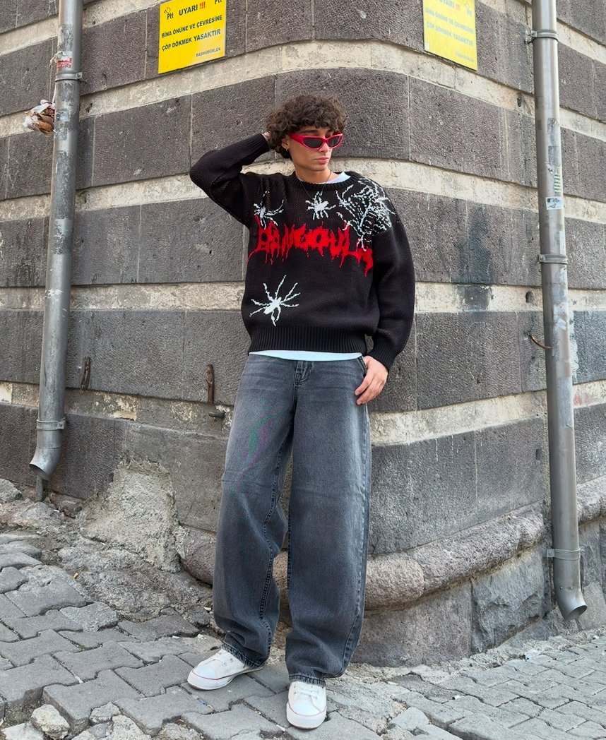 Dracula desenli Oversize Triko Kazak 