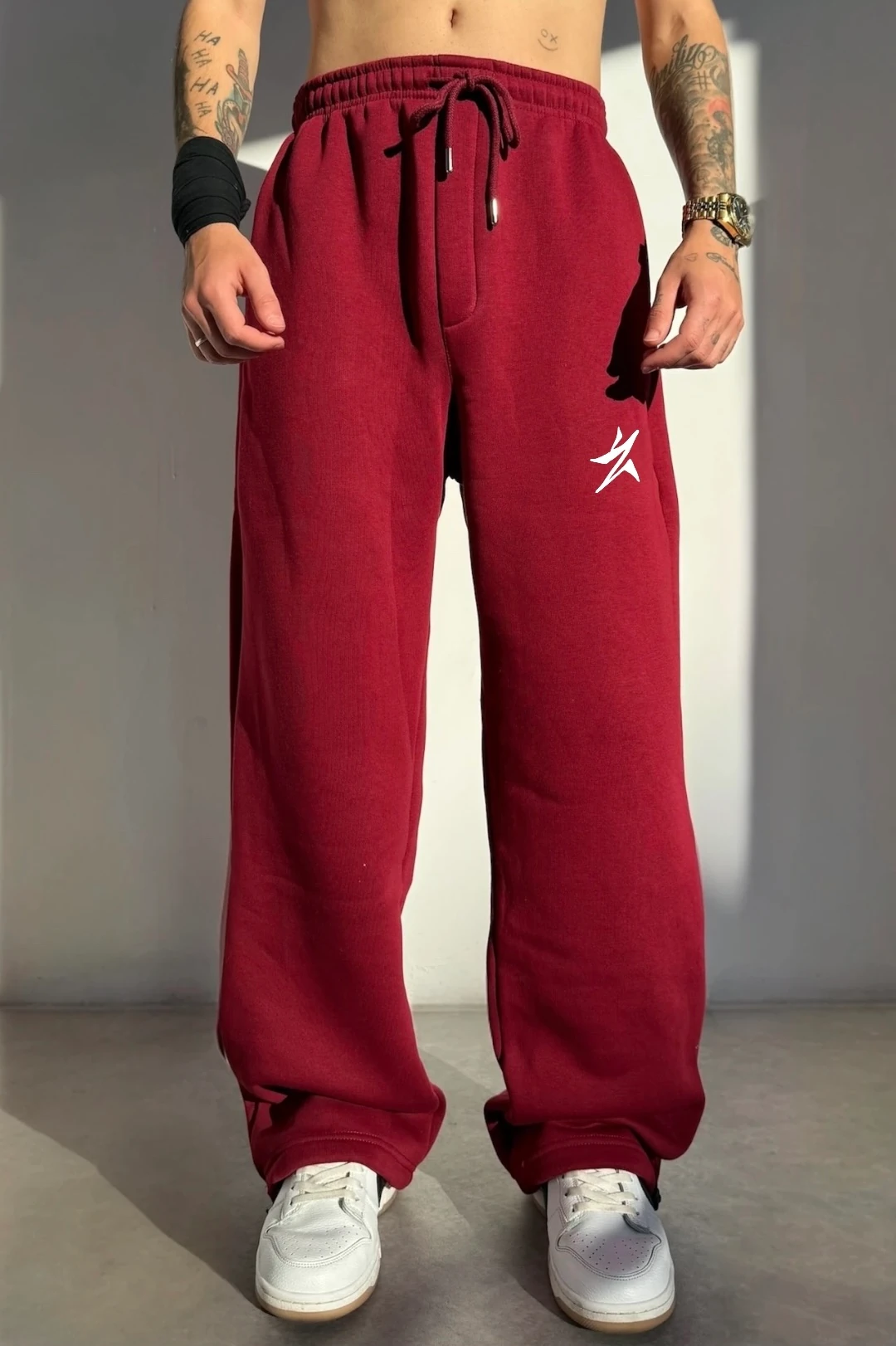 Kışlık STAR Nakışlı Ayarlanabilir Paça Baggy Eşofman Altı - Bordo